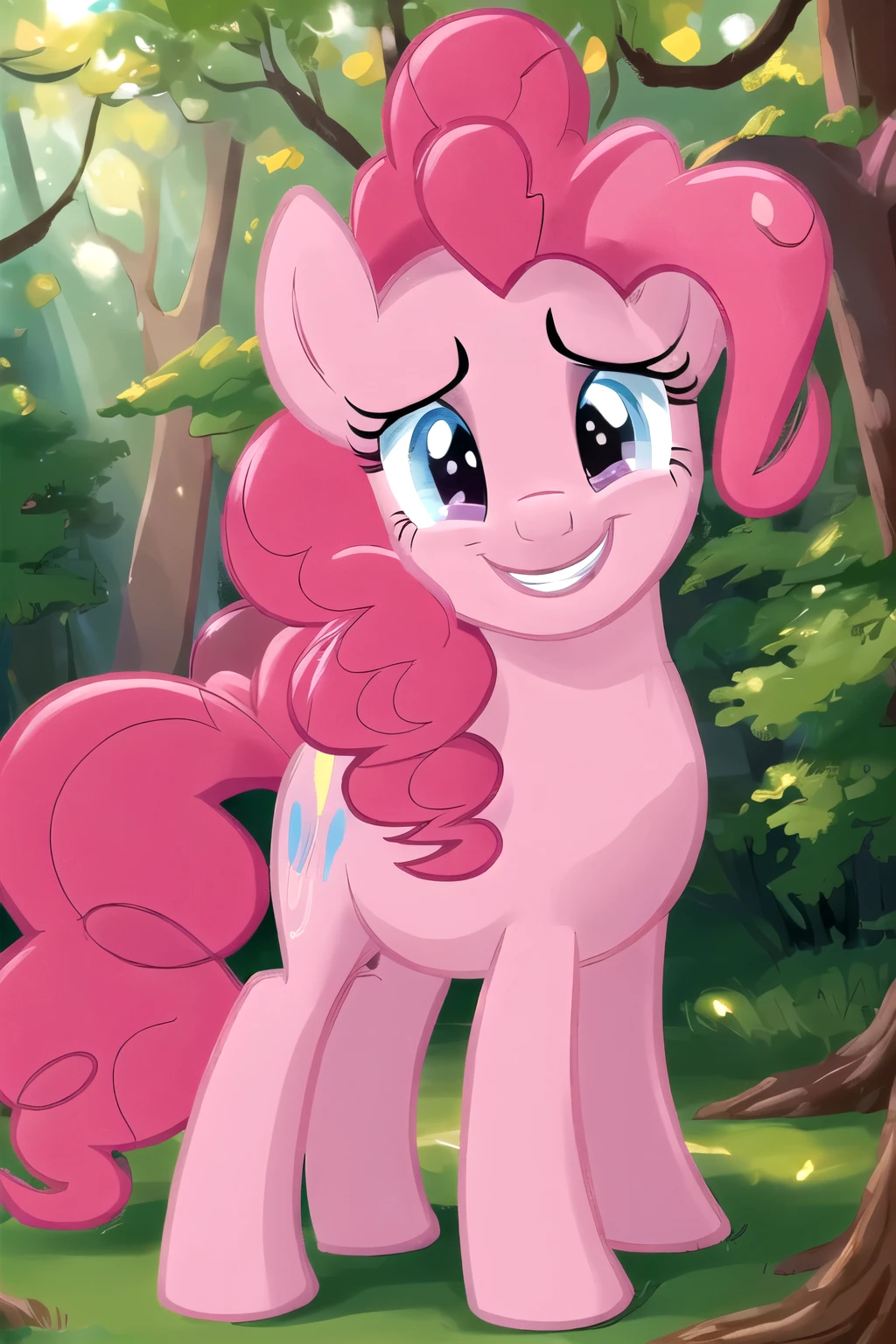pinkie_pie , (masterpiece:1.5) , (best quality:1.5) , (in the magic forest:1.5) , (happy:1.5) , (smile:1.5) , (detailed fur:1.5), (pony:1.5)