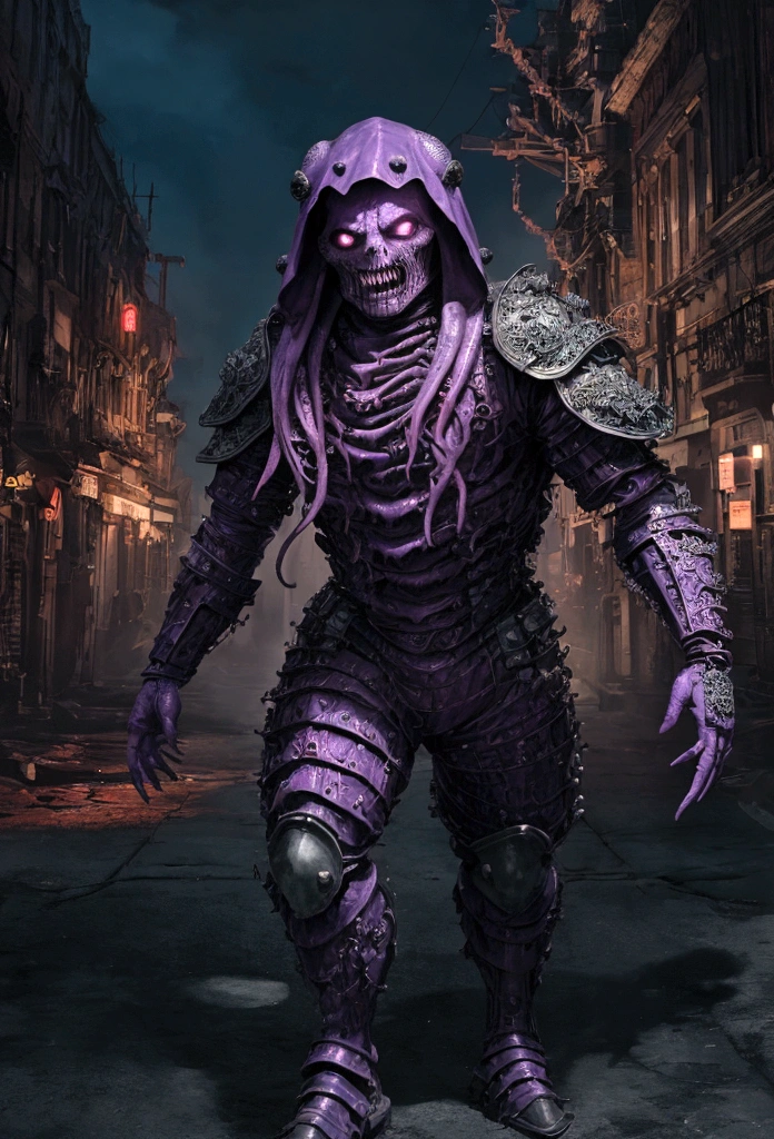 (extremely detailed 8k wallpaper), a medium shot photo of scary Grim dressed as a dirty purple octopus-man in an armour made of red glowing wires from marvel, theme, intricate, high detail, dramatic, old scary building in the background