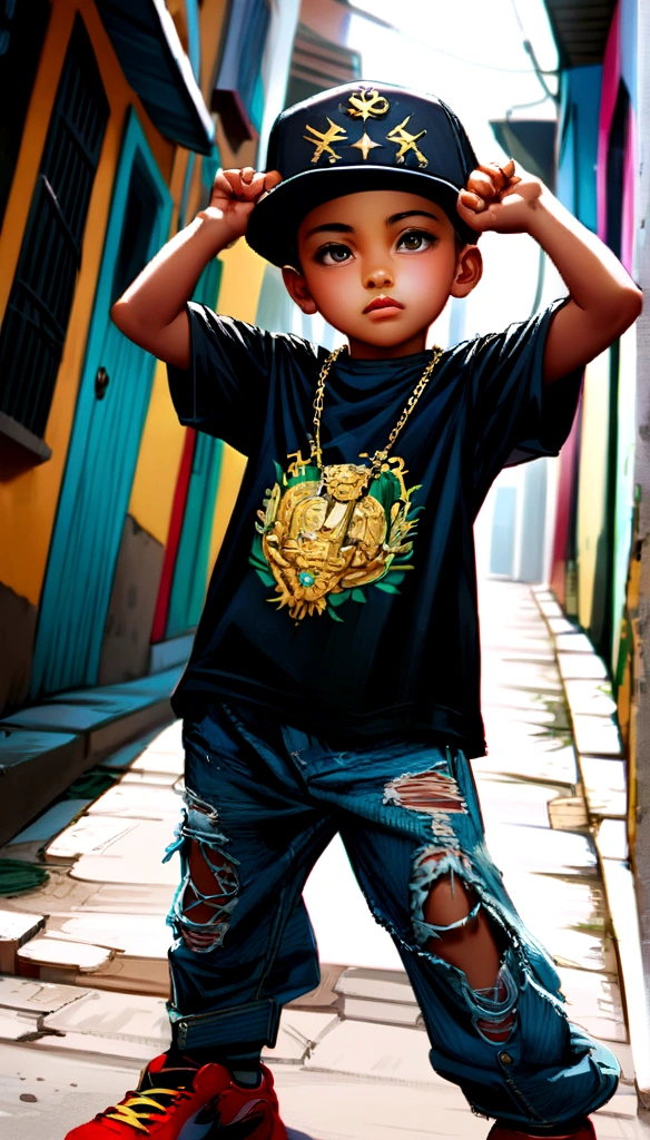  boy wearing snapback hat , and gold hip hop chain with pendant "84", pose ,hyper realist, colors of brazil in the favela