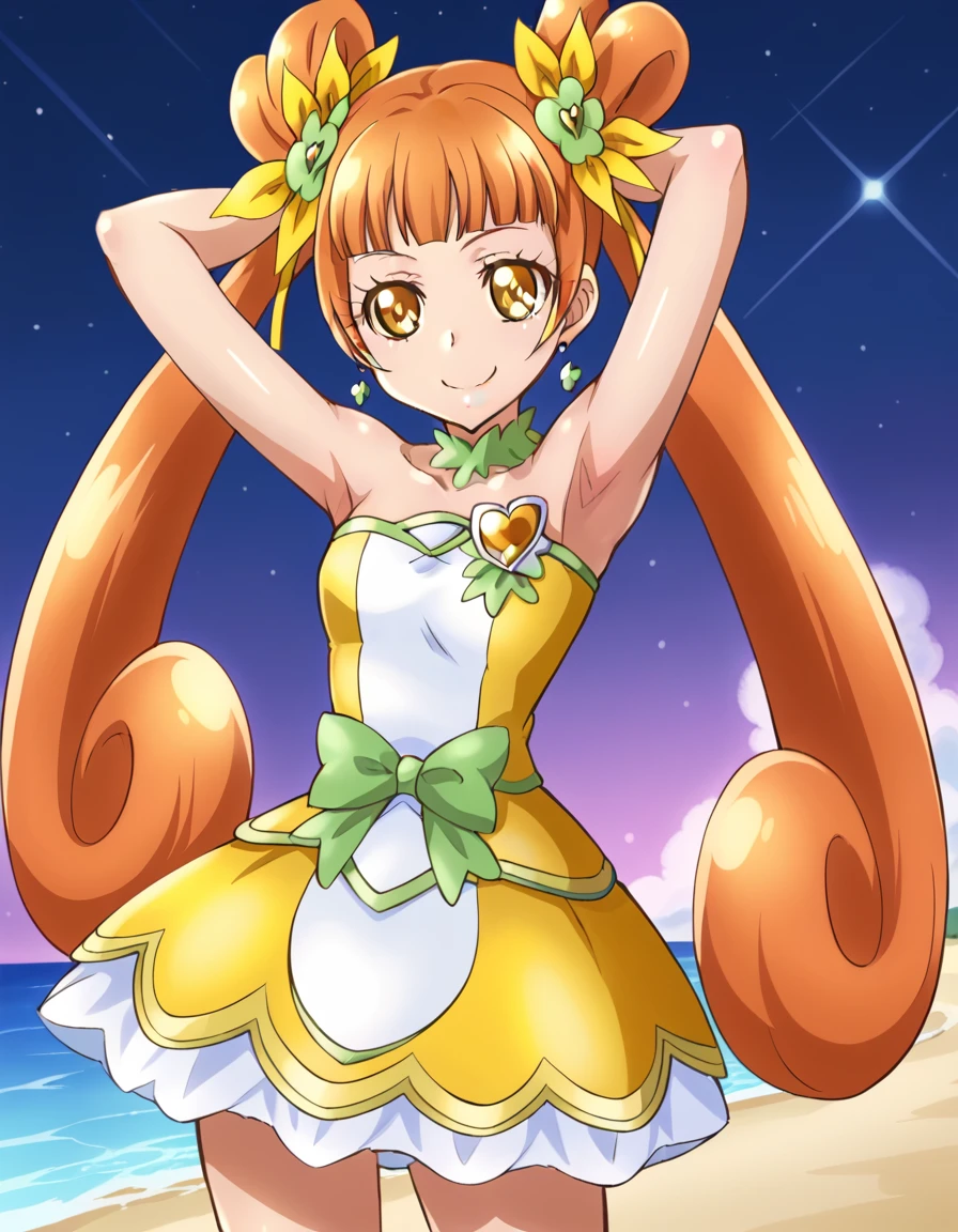 curerosetta, shiny skin, high quality, solo, 1girl, night sky, beach, arms behind head, (contrapposto), closed mouth, spread armpits, (cowboy shot:1.5), looking at viewer, smile, best quality,