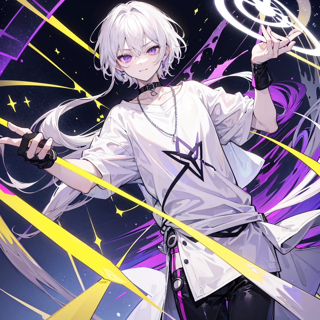 A Boy With Medium-Length Straight White Hair at Neck Length, He has violet eyes with a white circle in the iris, for clothes he wears a wide white t-shirt with another underneath in black with yellow stripes, with Violet Pants with Lightning Details. Stylish Black Sneakers and an Eye Necklace. and also he has a strong red eyeliner on his eyes and a black line on his throat with some ripples and a yellow 4-sided star in the center of it.. He has a cold and serious personality with a more triangular and mature face.. He is smiling and standing in a mirror dimension with shades of Neon Purple.