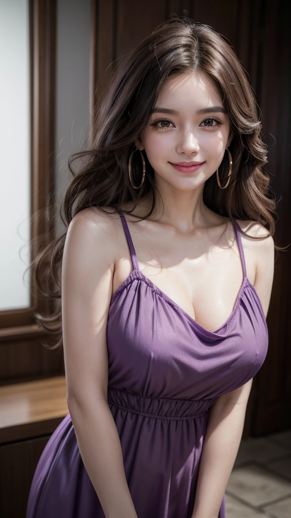 Beautiful smiling woman, with white skin, long dark brown curly hair. She is wearing a purple dress., hoop earrings, Conceptual art, modern, Realism, cinematic lighting, UHD, high quality, best quality, highres