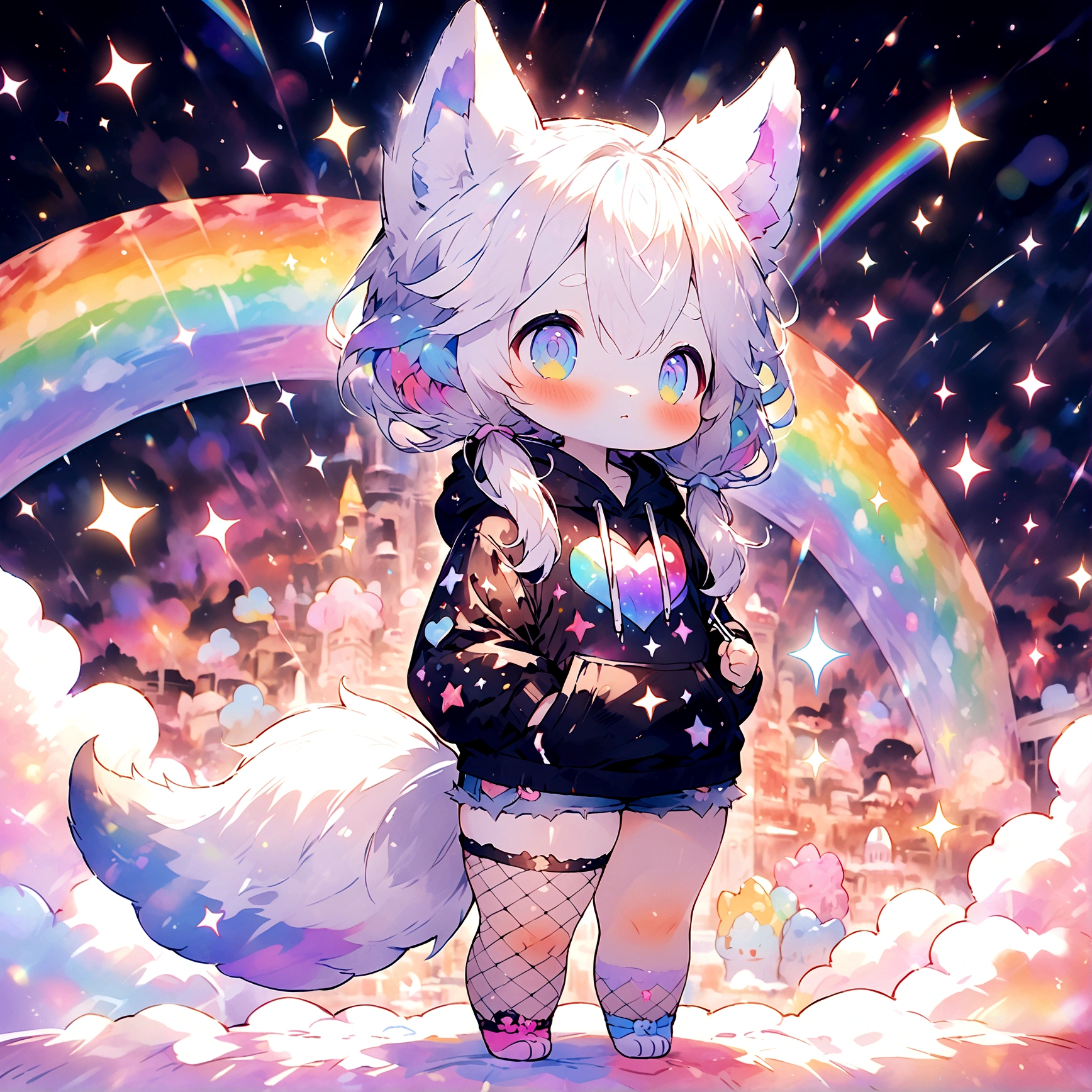 a cute adult male with wolf ears, long white hair, long locks, has a wolf tail, wearing a loose cropped black hoodie, wearing a pair of denim short shorts and fishnet stockings, thick thighs, wide hips, relaxing on mound of fluffy multi colored kawaii plushies, short, very slim, showing slender tummy, heart on hoodie, squishy thighs, has glowing blue eyes. alone, solo (ALONE)(SOLO), surrounded by rainbows, colorful galaxy backround