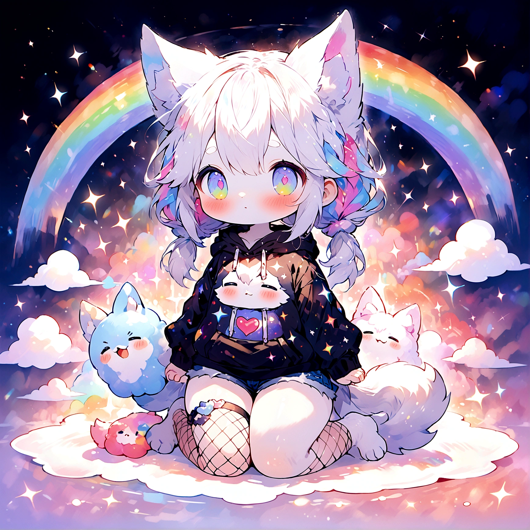 a cute adult male with wolf ears, long white hair, long locks, has a wolf tail, wearing a loose cropped black hoodie, wearing a pair of denim short shorts and fishnet stockings, thick thighs, wide hips, relaxing on mound of fluffy multi colored kawaii plushies, short, very slim, showing slender tummy, heart on hoodie, squishy thighs, has glowing blue eyes. alone, solo (ALONE)(SOLO), surrounded by rainbows, colorful galaxy backround