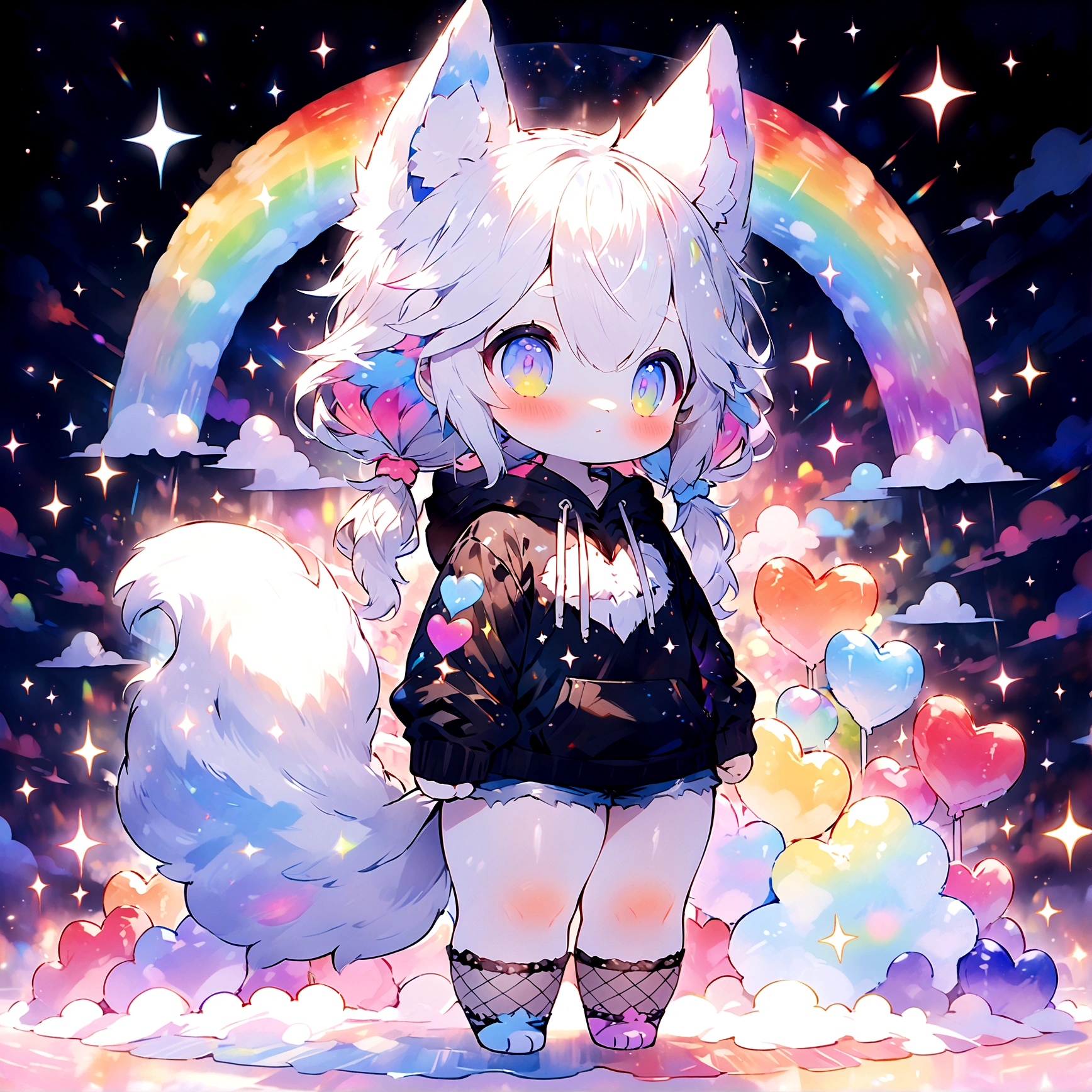 a cute adult male with wolf ears, long white hair, long locks, has a wolf tail, wearing a loose cropped black hoodie, wearing a pair of denim short shorts and fishnet stockings, thick thighs, wide hips, relaxing on mound of fluffy multi colored kawaii plushies, short, very slim, showing slender tummy, heart on hoodie, squishy thighs, has glowing blue eyes. alone, solo (ALONE)(SOLO), surrounded by rainbows, colorful galaxy backround