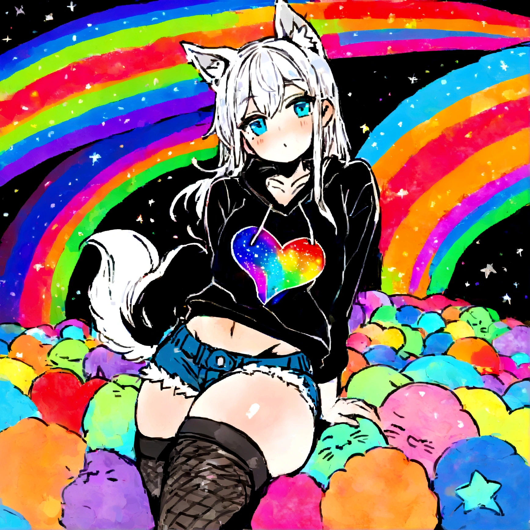 a cute adult male with wolf ears, long white hair, long locks, has a wolf tail, wearing a loose cropped black hoodie, wearing a pair of denim short shorts and fishnet stockings, thick thighs, wide hips, relaxing on mound of fluffy multi colored kawaii plushies, short, very slim, showing slender tummy, heart on hoodie, squishy thighs, has glowing blue eyes. alone, solo (ALONE)(SOLO), surrounded by rainbows, colorful galaxy backround