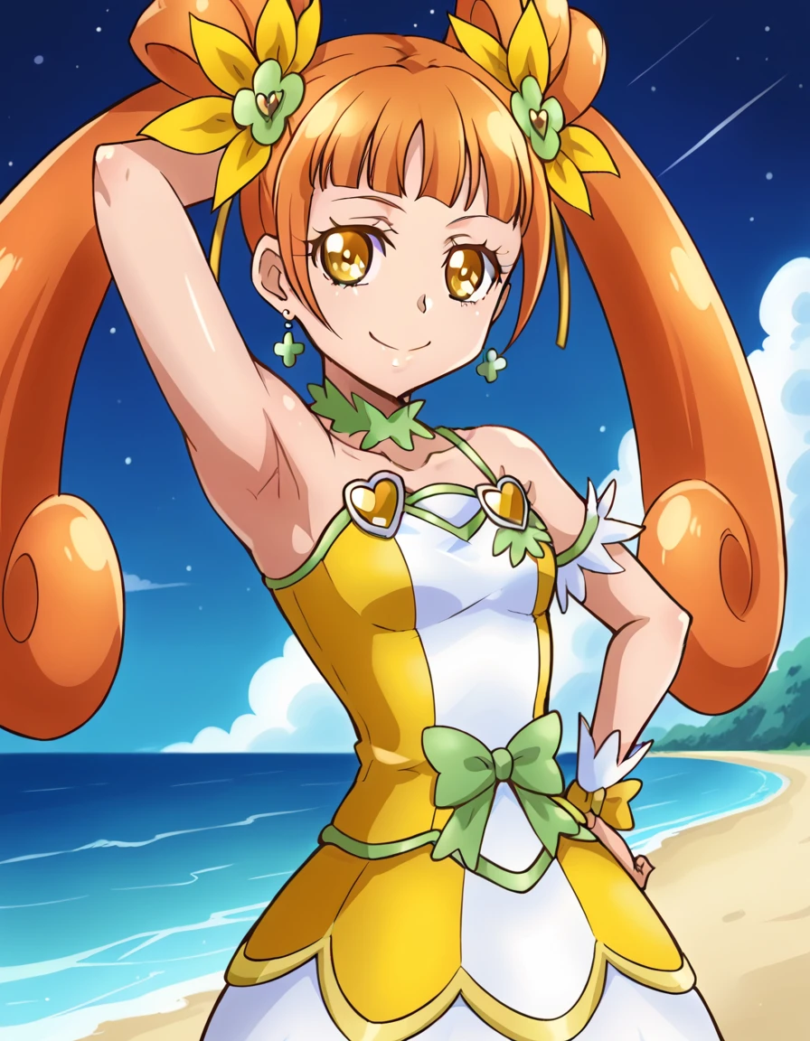 curerosetta, shiny skin, high quality, solo, 1girl, night sky, beach, arm behind head, hand on hip, (contrapposto), closed mouth, spread armpits, (cowboy shot:1.5), looking at viewer, smile, best quality,
