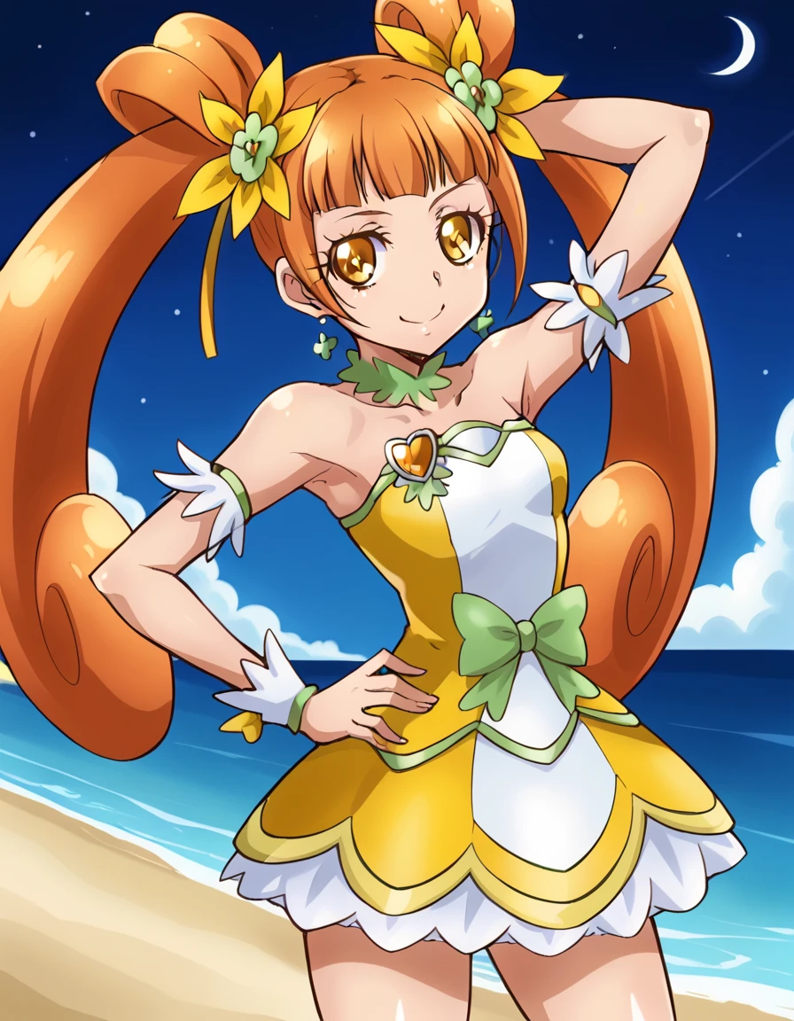 curerosetta, shiny skin, high quality, solo, 1girl, night sky, beach, arm behind head, hand on hip, (contrapposto), closed mouth, spread armpits, (cowboy shot:1.5), looking at viewer, smile, best quality,