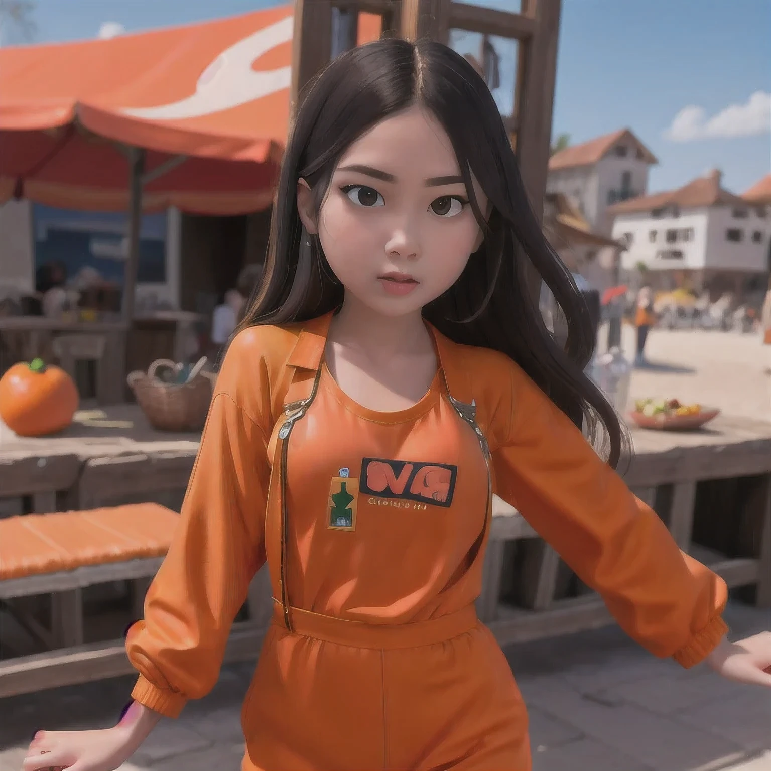 arafed girl standing on a beach with an orange overall, orange jumpsuit, overalls, wearing an orange jumpsuit, official product image, wearing overalls, orange halter top, artist wearing overalls, wearing an orange t-shirt, wearing orange sundress, wearing orange prison jumpsuit, neck zoomed in, wearing an orange t shirt, cute girl wearing tank suit