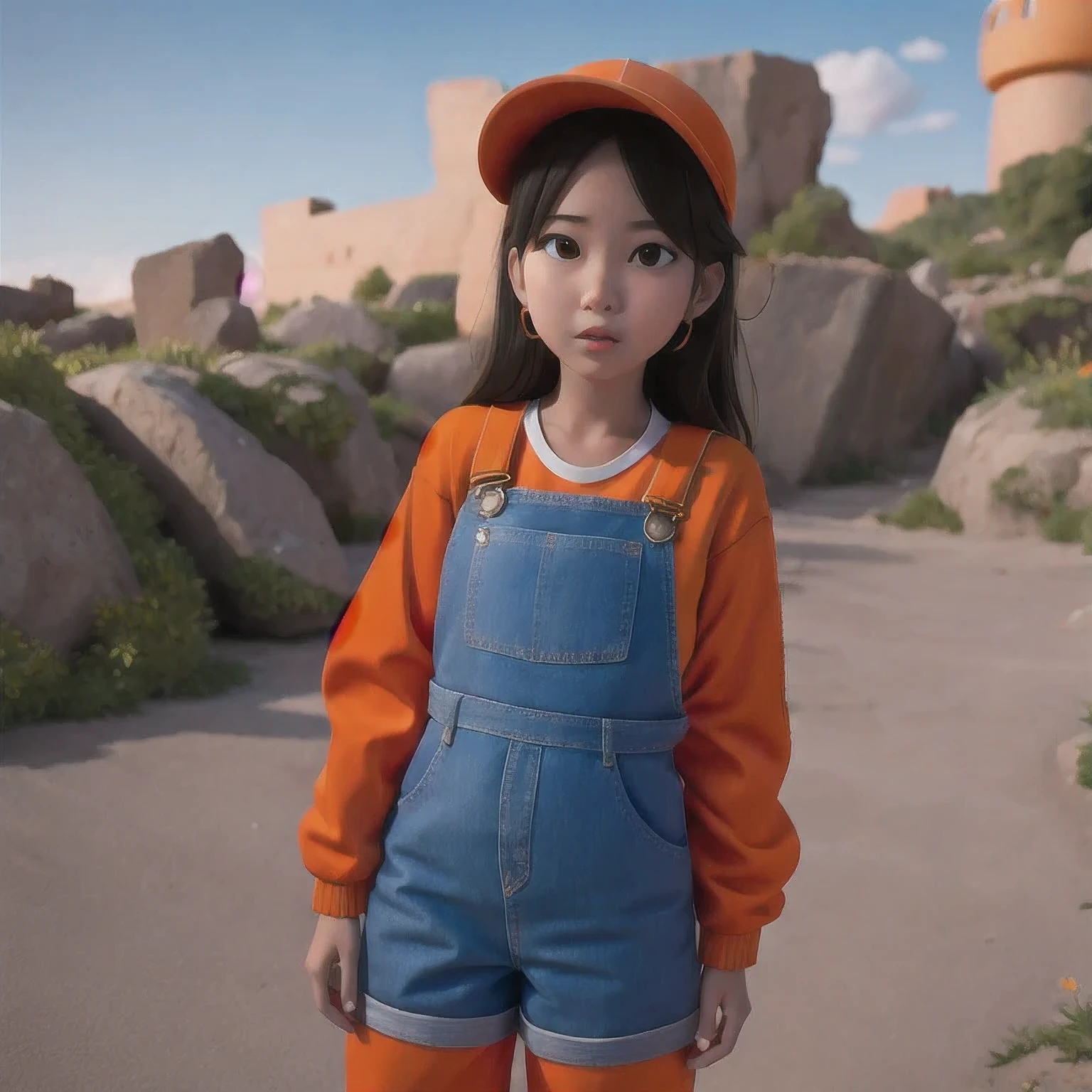 arafed girl standing on a beach with an orange overall, orange jumpsuit, overalls, wearing an orange jumpsuit, official product image, wearing overalls, orange halter top, artist wearing overalls, wearing an orange t-shirt, wearing orange sundress, wearing orange prison jumpsuit, neck zoomed in, wearing an orange t shirt, cute girl wearing tank suit