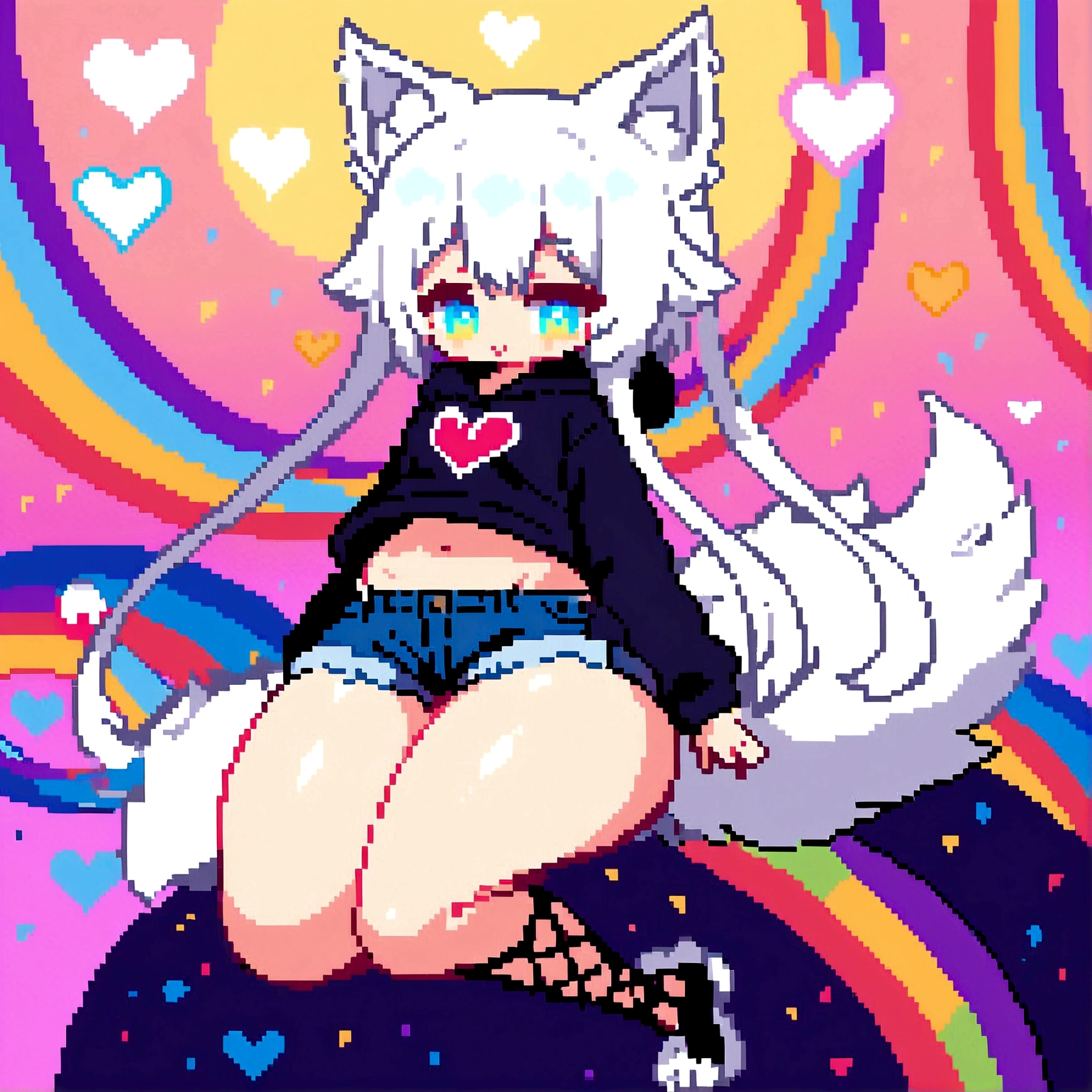 a cute adult male with wolf ears, long white hair, long locks, has a wolf tail, wearing a loose cropped black hoodie, wearing a pair of denim short shorts and fishnet stockings, thick thighs, wide hips, relaxing on mound of fluffy multi colored kawaii plushies, short, very slim, showing slender tummy, heart on hoodie, squishy thighs, has glowing blue eyes. alone, solo (ALONE)(SOLO), surrounded by rainbows, colorful galaxy backround