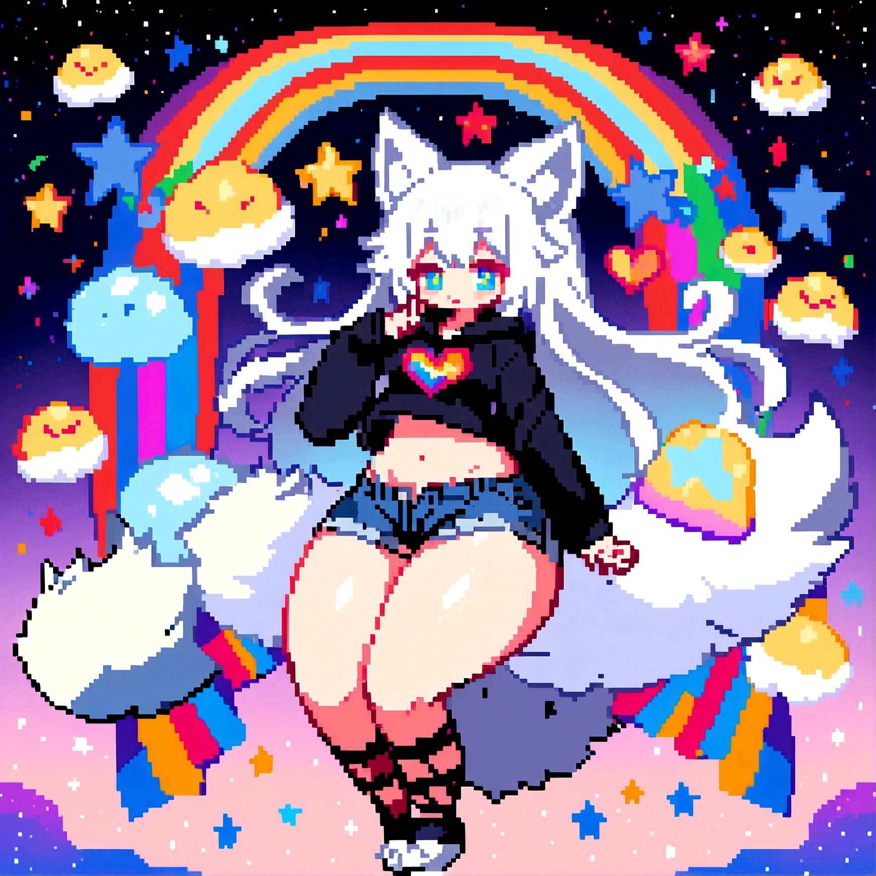 a cute adult male with wolf ears, long white hair, long locks, has a wolf tail, wearing a loose cropped black hoodie, wearing a pair of denim short shorts and fishnet stockings, thick thighs, wide hips, relaxing on mound of fluffy multi colored kawaii plushies, short, very slim, showing slender tummy, heart on hoodie, squishy thighs, has glowing blue eyes. alone, solo (ALONE)(SOLO), surrounded by rainbows, colorful galaxy backround