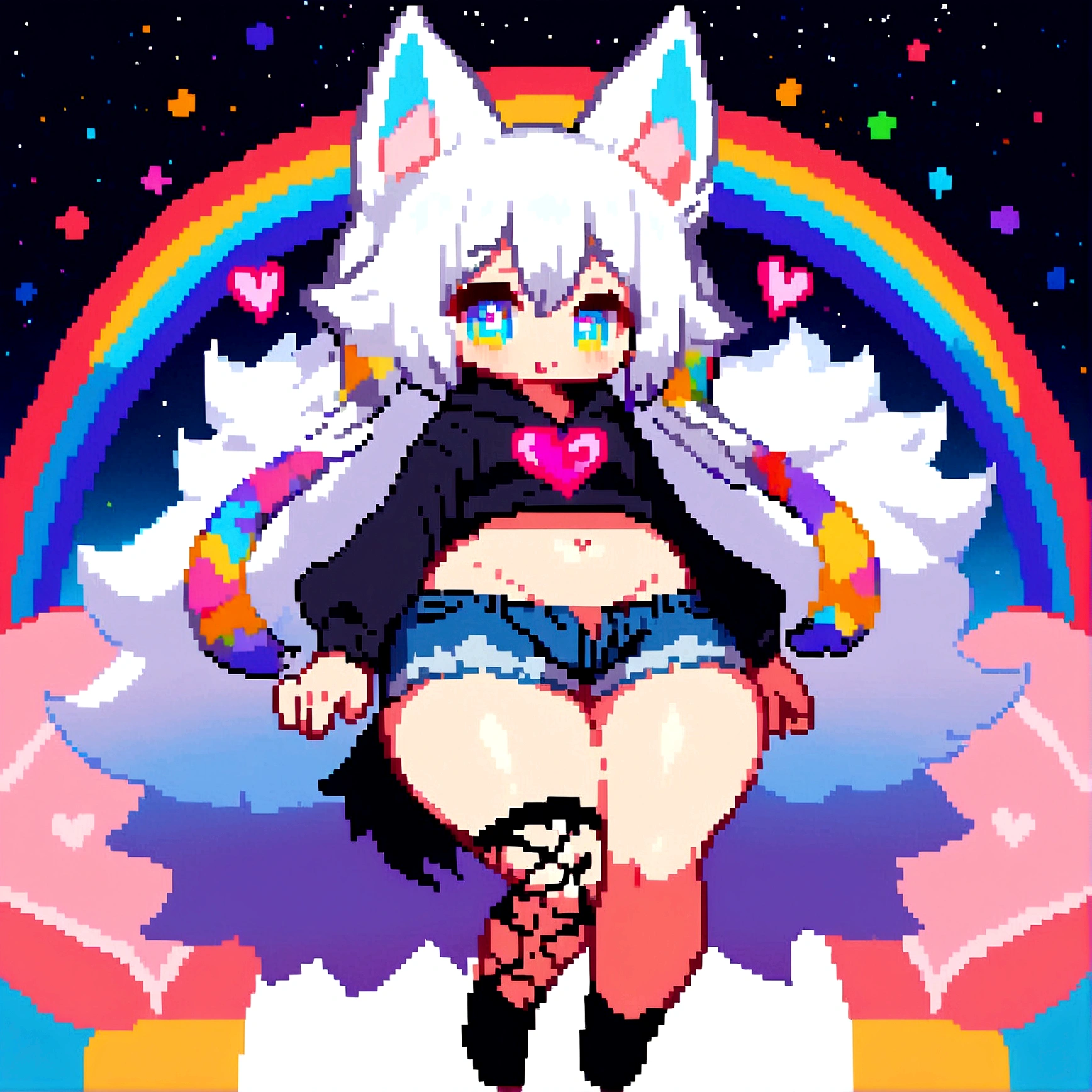 a cute adult male with wolf ears, long white hair, long locks, has a wolf tail, wearing a loose cropped black hoodie, wearing a pair of denim short shorts and fishnet stockings, thick thighs, wide hips, relaxing on mound of fluffy multi colored kawaii plushies, short, very slim, showing slender tummy, heart on hoodie, squishy thighs, has glowing blue eyes. alone, solo (ALONE)(SOLO), surrounded by rainbows, colorful galaxy backround