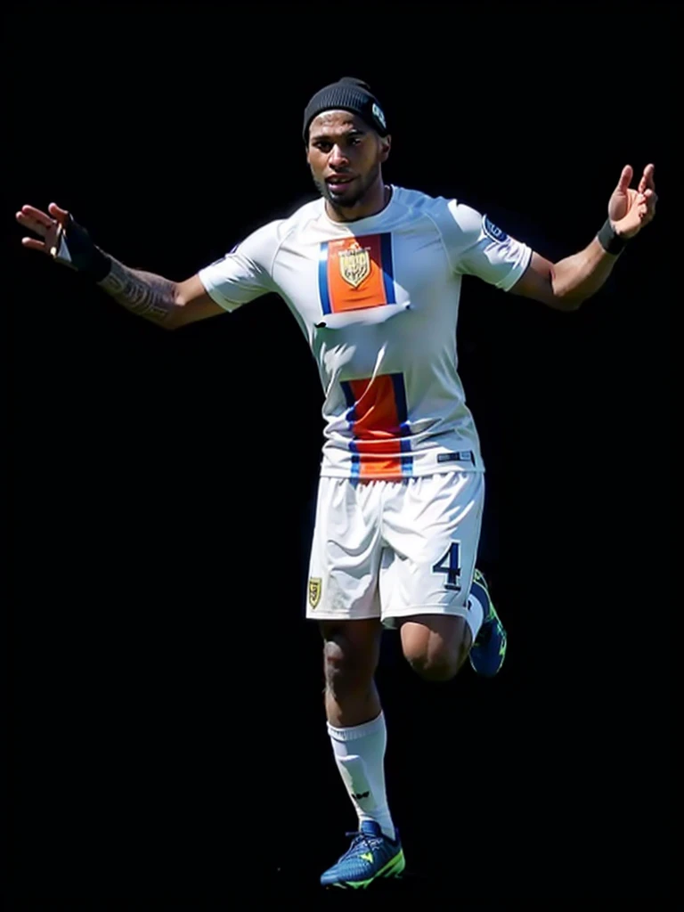white jersey, white short, 18 years old black man, background of soccer stadium
