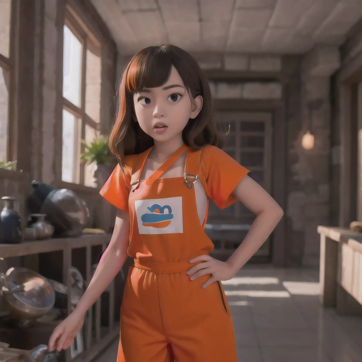 arafed girl standing on a beach with an orange overall, orange jumpsuit, overalls, wearing an orange jumpsuit, official product image, wearing overalls, orange halter top, artist wearing overalls, wearing an orange t-shirt, wearing orange sundress, wearing orange prison jumpsuit, neck zoomed in, wearing an orange t shirt, cute girl wearing tank suit