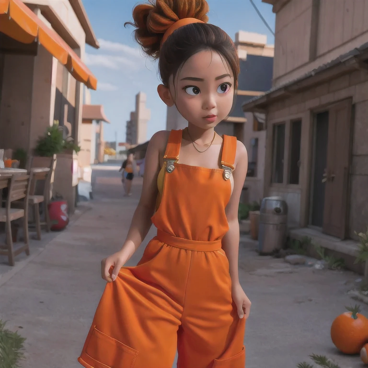 arafed girl standing on a beach with an orange overall, orange jumpsuit, overalls, wearing an orange jumpsuit, official product image, wearing overalls, orange halter top, artist wearing overalls, wearing an orange t-shirt, wearing orange sundress, wearing orange prison jumpsuit, neck zoomed in, wearing an orange t shirt, cute girl wearing tank suit