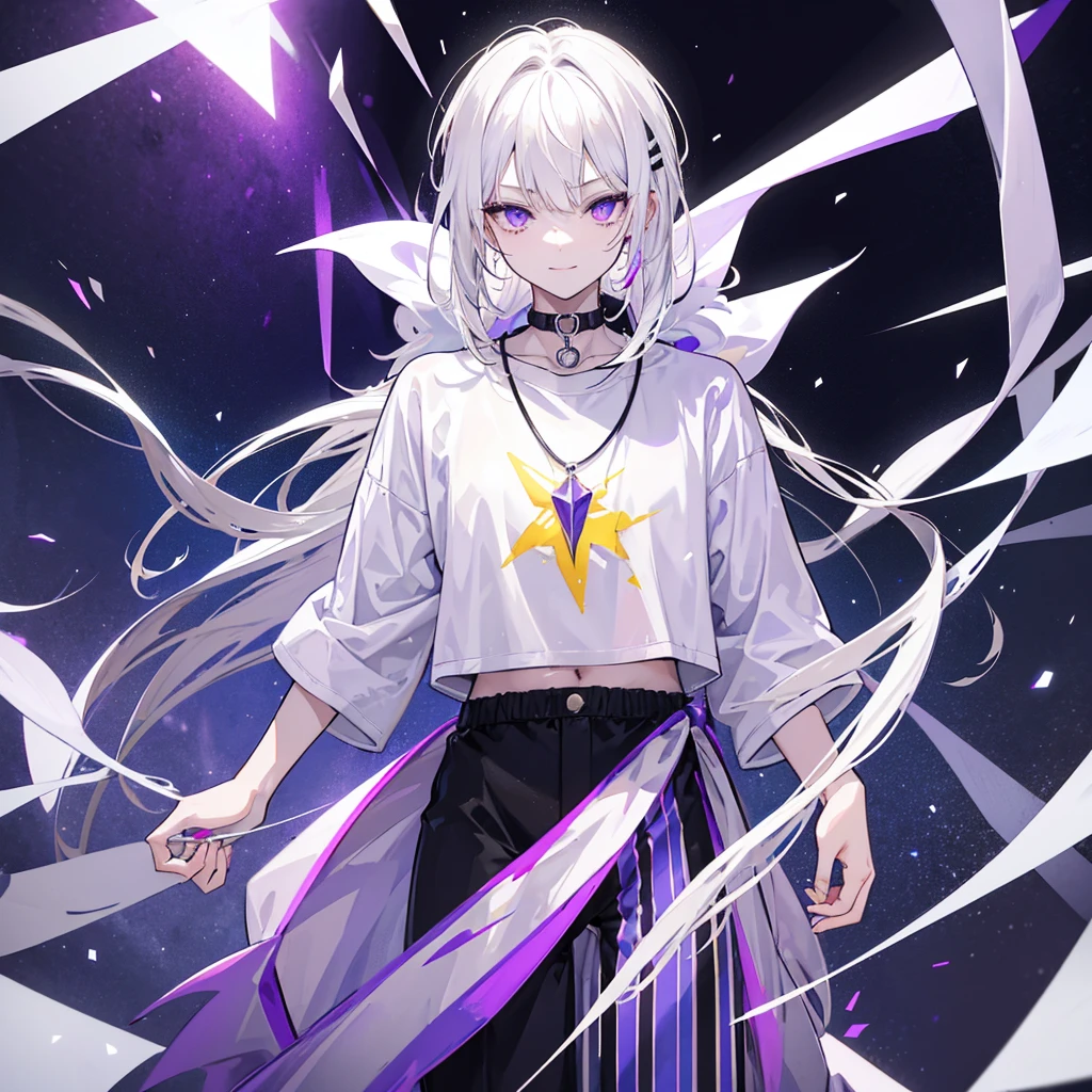 A Boy With Medium-Length Straight White Hair at Neck Length, He has violet eyes with a white circle in the iris, for clothes he wears a wide white t-shirt with another underneath in black with yellow stripes, with Violet Pants with Lightning Details. Stylish Black Sneakers and an Eye Necklace. and also he has a strong red eyeliner on his eyes and a black line on his throat with some ripples and a yellow 4-sided star in the center of it.. He has a cold and serious personality with a more triangular and mature face.. He is smiling and standing in a mirror dimension with shades of Neon Purple.