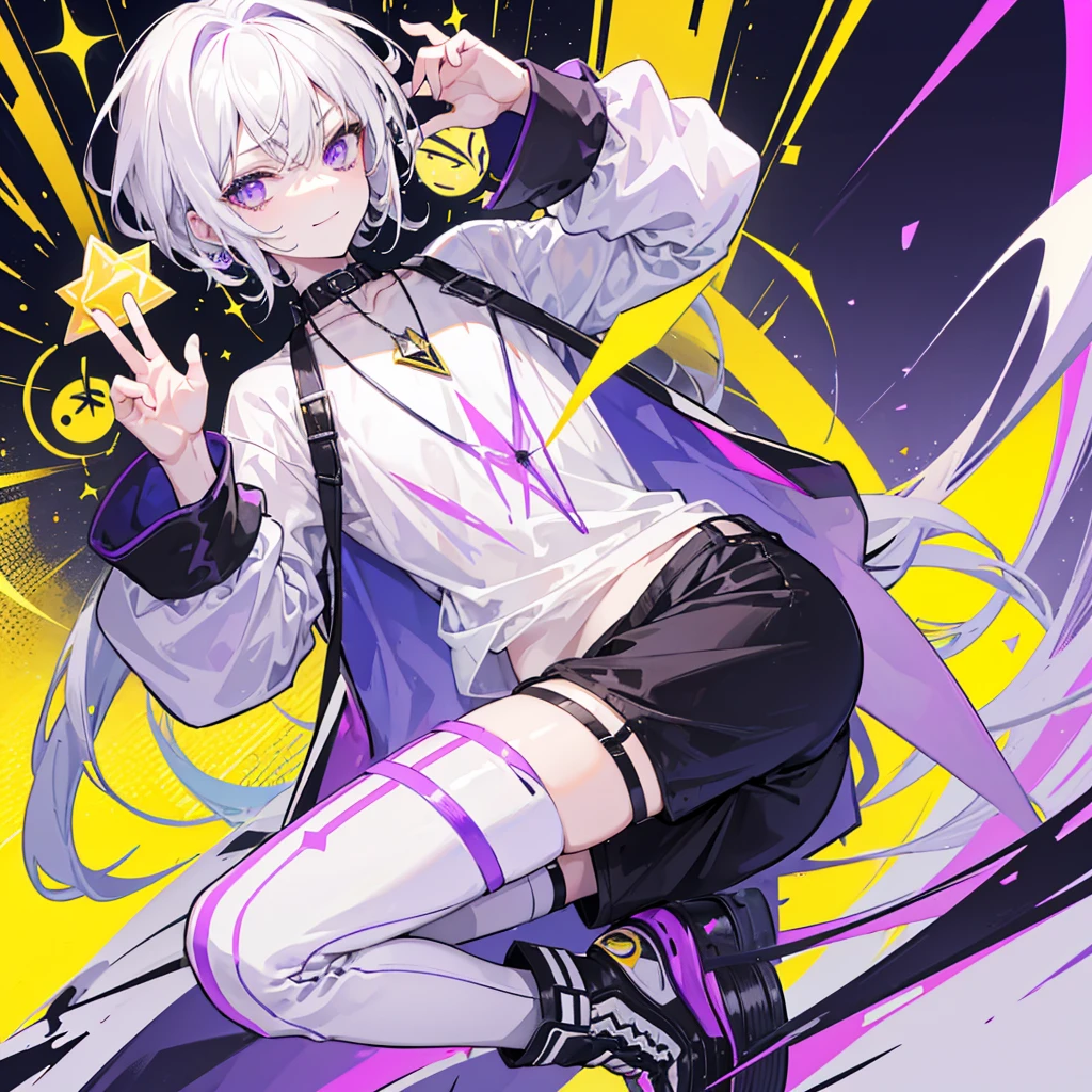 A Boy With Medium-Length Straight White Hair at Neck Length, He has violet eyes with a white circle in the iris, for clothes he wears a wide white t-shirt with another underneath in black with yellow stripes, with Violet Pants with Lightning Details. Stylish Black Sneakers and an Eye Necklace. and also he has a strong red eyeliner on his eyes and a black line on his throat with some ripples and a yellow 4-sided star in the center of it.. He has a cold and serious personality with a more triangular and mature face.. He is smiling and standing in a mirror dimension with shades of Neon Purple.