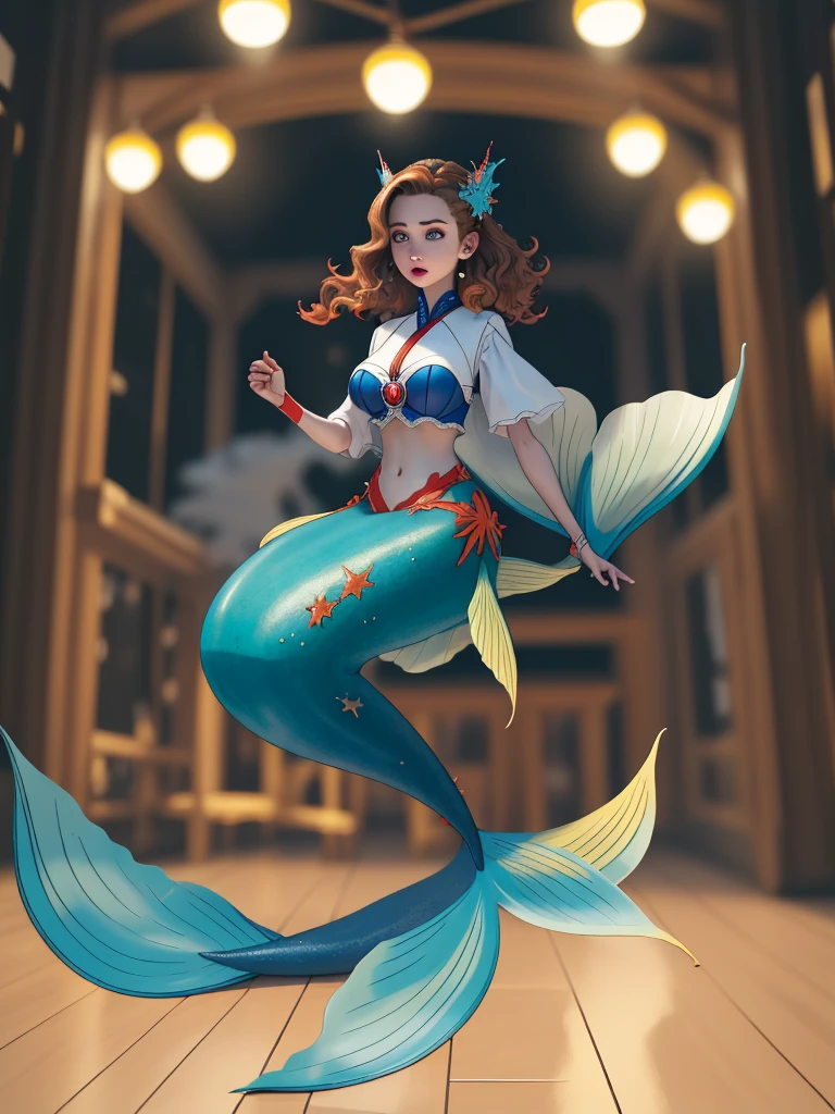 a detailed rendering of a beautiful young mermaid with short brown hair and blue eyes, her expression is shocked, 1 girl, bikini top floating away, scales on chest, underwater scene with magikarp tail, medium breasts, groin outline, (best quality,4k,8k,highres,masterpiece:1.2),ultra-detailed, HDR,UHD,studio lighting,ultra-fine painting,sharp focus,physically-based rendering,extreme detail description,professional,vivid colors,bokeh