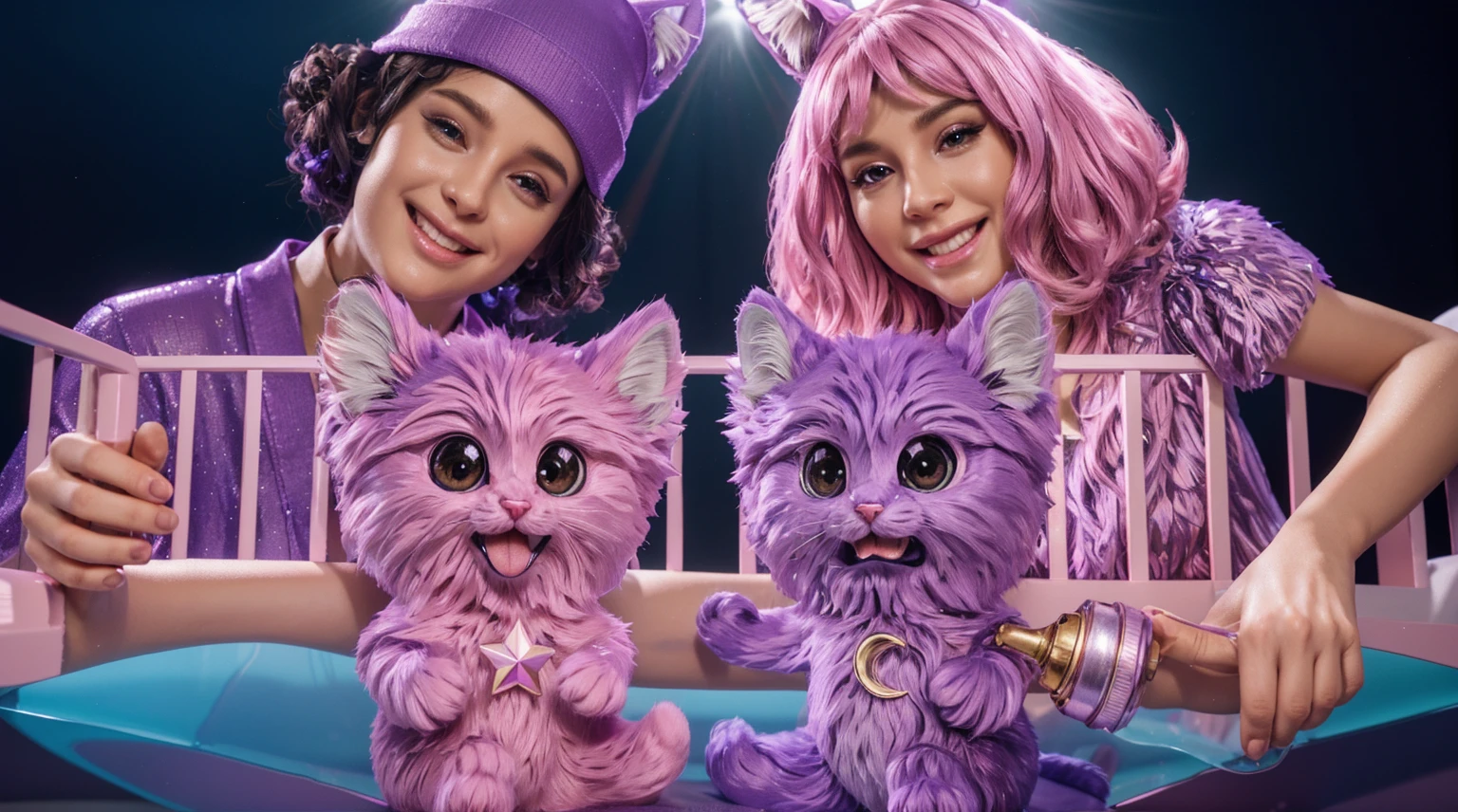 on the sides there is a man in purple, he has a purple hat with cat ears, on the right side there is a girl with pink hair, she is holding a baby bun with milk, her hand reaches into the cot, which is right in front of us, in the cot there are two very fluffy and cute kittens, on the left - a pink kitten, on the right - a purple kitten, smooth 3d model, glossy plastic texture, multiple light sources, rim light, sharp post effects render, most beautiful vfx, , realistic, 4k, high resolution, rim light, smooth 3d model. ,  glossy texture, smooth 3d model, multiple light sources, rim light, sharp post effects render, (glossy plastic texture with multiple big light probe refractions), perfect cgi,   reflective, best quality, 4k, masterpiece:1.2, ultra-detailed, realistic, vivid colors, The image of the highest quality, ensuring every detail showcased perfectly. It in 4k resolution, allowing viewers to immerse themselves in the richness of the colors and intricate details. The realistic rendering. under the spotlight, reflecting, high-resolution image, realistic rendering