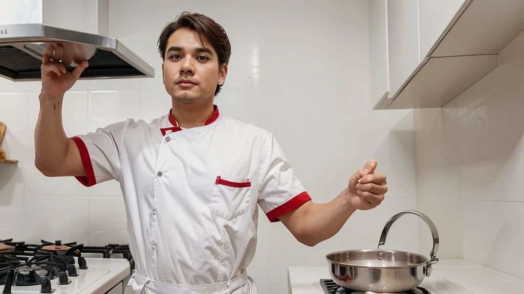 an astonished cook with nothing in his hand looking and pointing to the right side, he is dressed as a cook and his clothes are all white with red details. I want it to be on an all-white solid color background.