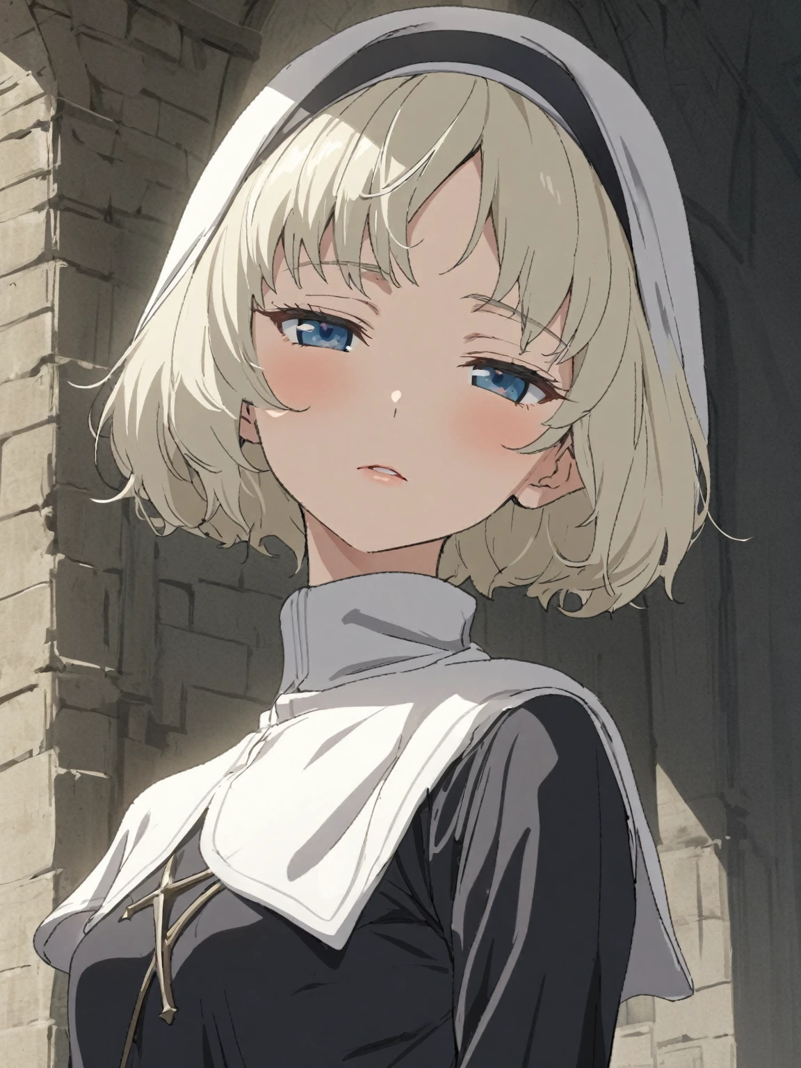 {{upper body}} {{Artist: sincos}} 1girl,solo, nun, looking at viewer, solo, blunt ends, bob cut, blue eyes, platinum blonde hair, half-closed eyes, tareme, expressionless, black headband, short hair, long sleeves, high collar, small breasts, skinny, short bangs:, white capelet, arms at sides, parted lips, traditional nun, lips, adult woman, pov, medieval fantasy.
