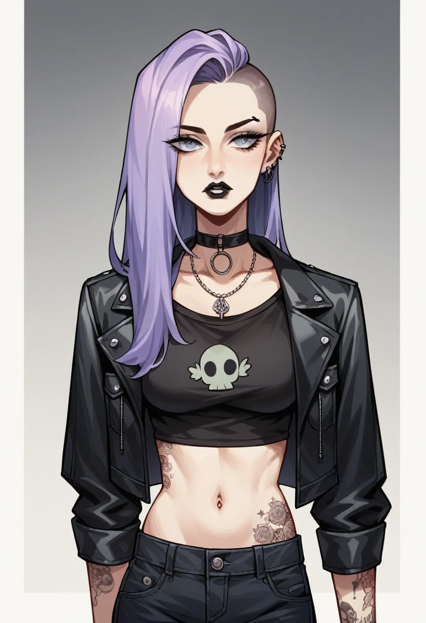 beautyful woman, gothic, mature woman, tattoos in whole body, slim body, slender body, long sidecut hair, lilac hair, long hair, black cropped, black spike jacket, black jeans, friendly look, black lipstick, using a laptop