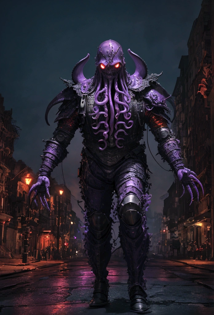  
(extremely detailed 8k wallpaper), a medium shot photo of scary  Grim dressed as a dirty purple octopus-man in an armour made of red glowing wires from marvel, theme, intricate, high detail, dramatic, old scary building in the background