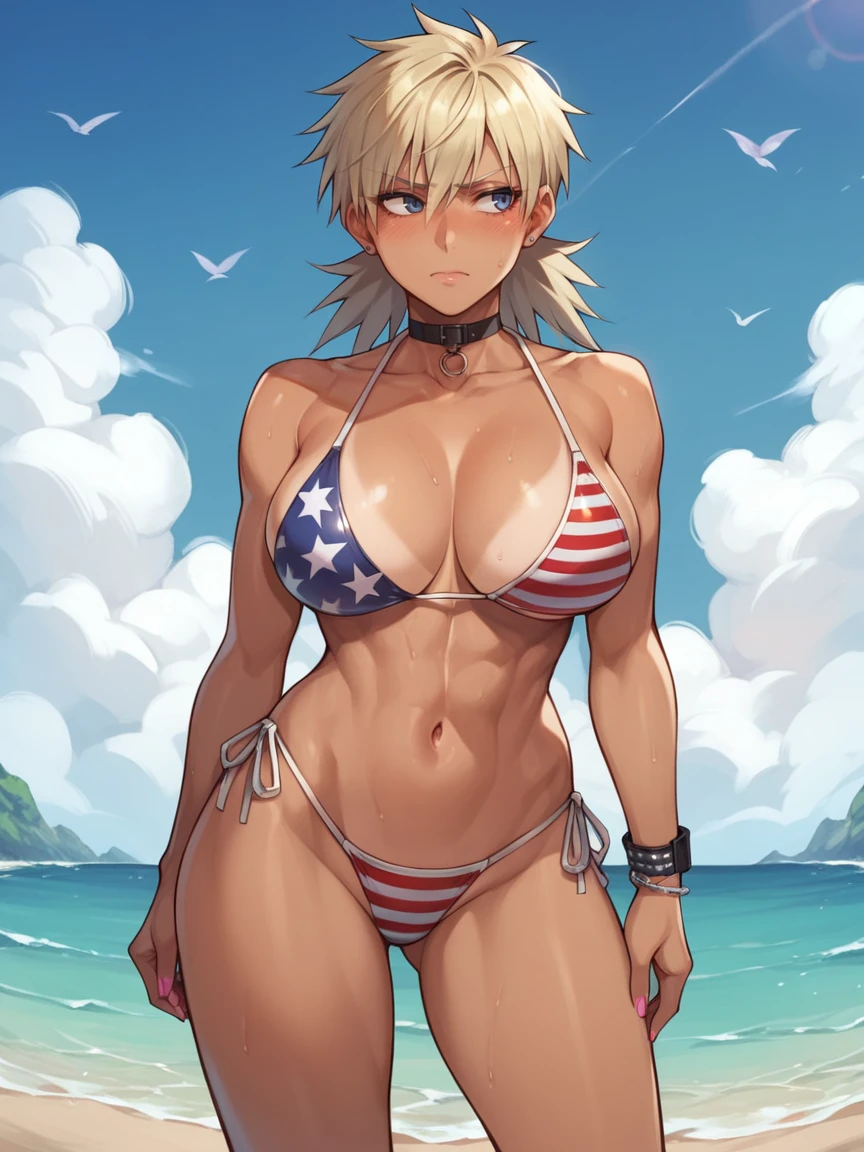 score_9, score_8_up, score_7_up, hellsing,, Seras_victoria, 1girl, solo, outdoors, beach, flag bikini, american flag bikini, American flag, tomboy, shy, blush, gyaru, standing, choker, looking to the side, big breasts, wide hips, medium long hair,