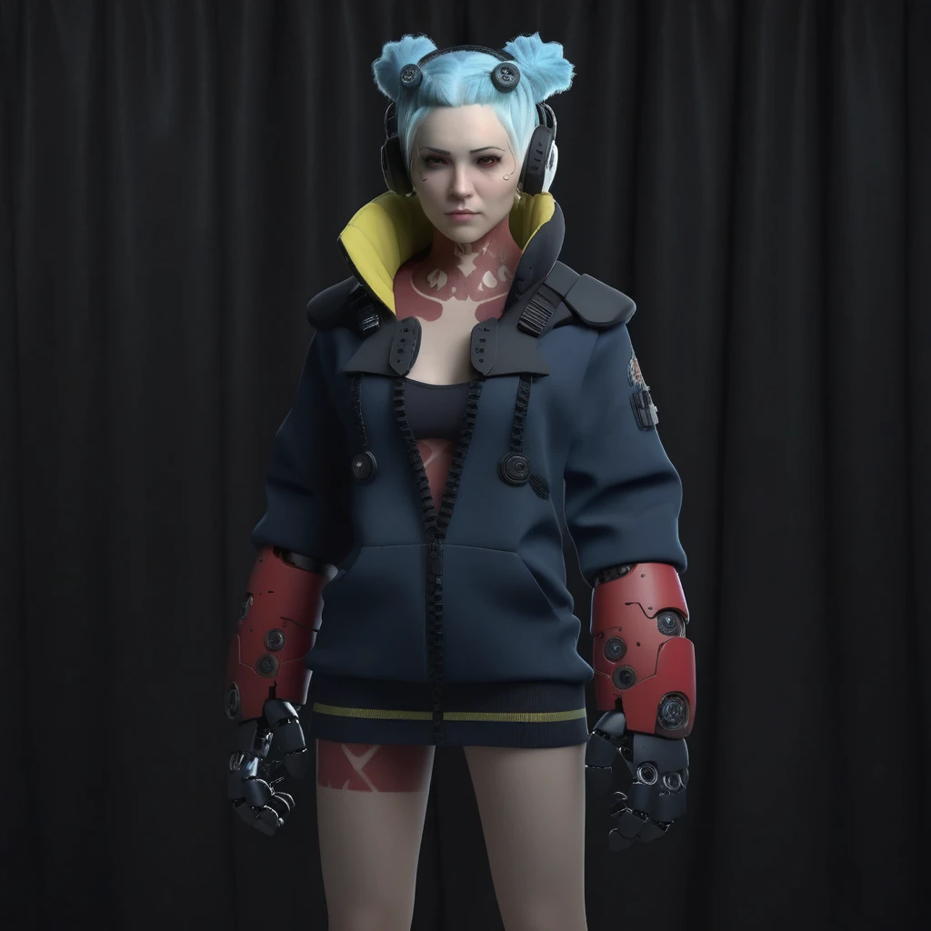 a woman full body, ligh blue hair, long pigtails, red tatttoos, wears a jacket, headphones, robotic big fists,  black background, highly detailed, photography, ultra sharp, film, bokeh, professional, k 