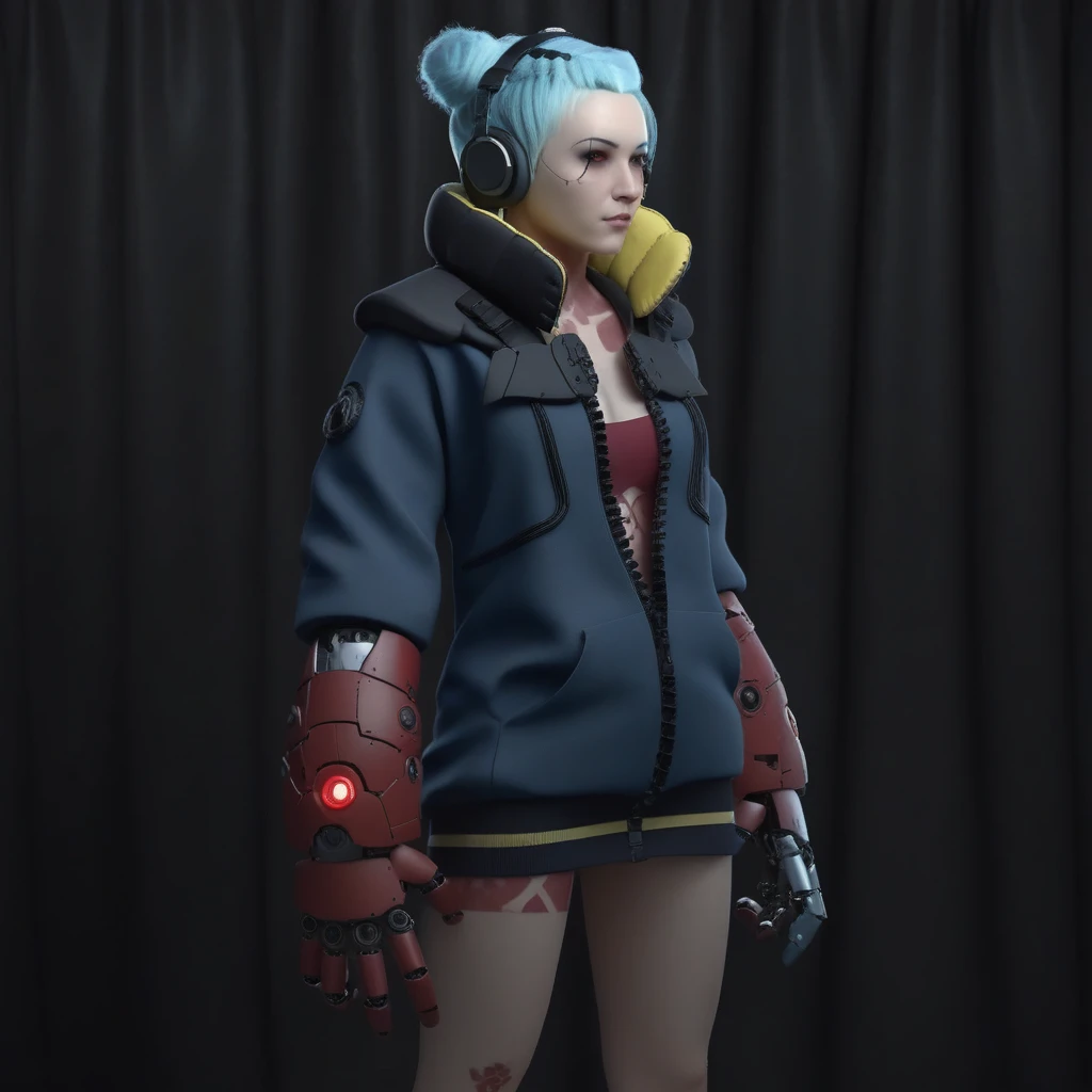 a woman full body, ligh blue hair, long pigtails, red tatttoos, wears a jacket, headphones, robotic big fists,  black background, highly detailed, photography, ultra sharp, film, bokeh, professional, k 