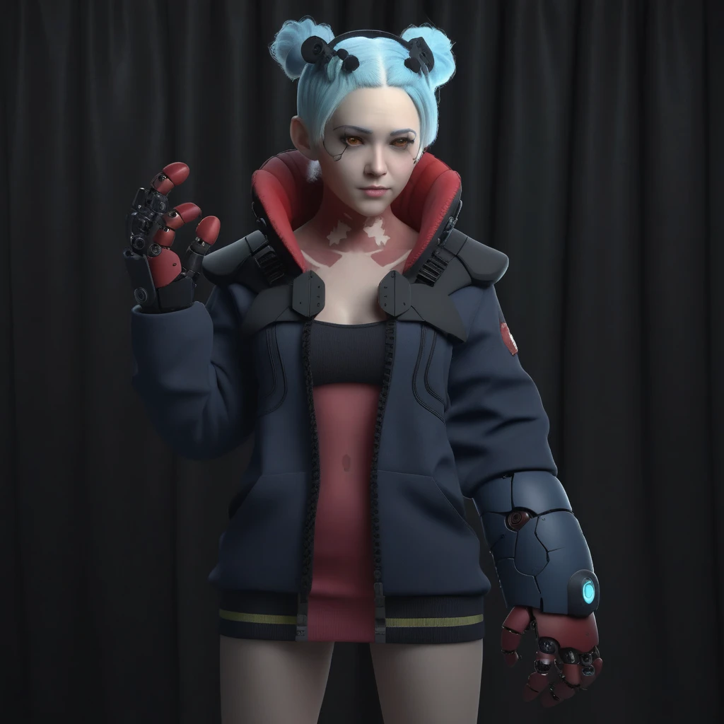 a woman full body, ligh blue hair, long pigtails, red tatttoos, wears a jacket, headphones, robotic big fists,  black background, highly detailed, photography, ultra sharp, film, bokeh, professional, k 