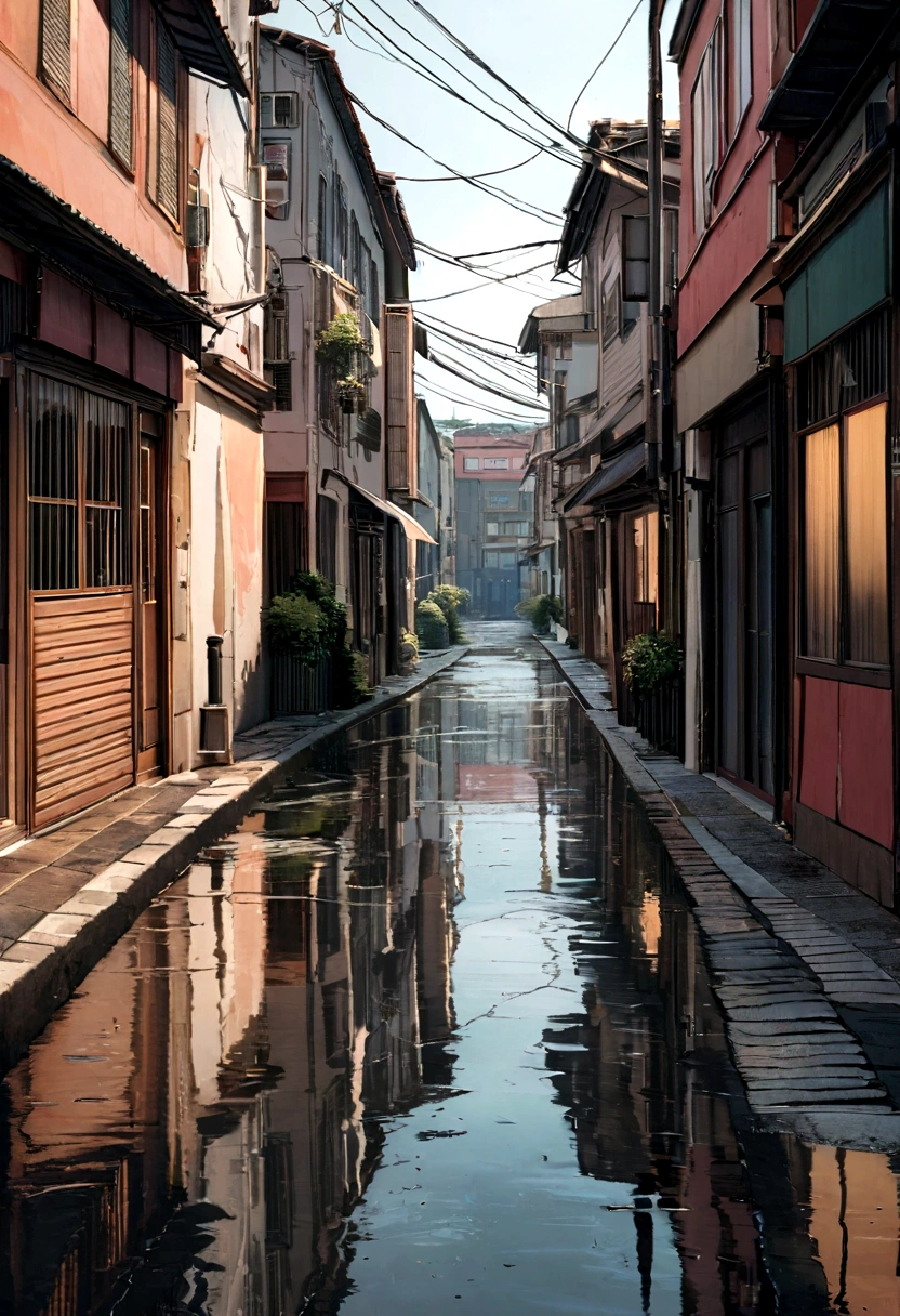 Uma rua de uma cidade, the photo is of a street in this city, It&#39;s raining a lot, It is possible to see the reflection of the poles in the puddles of water