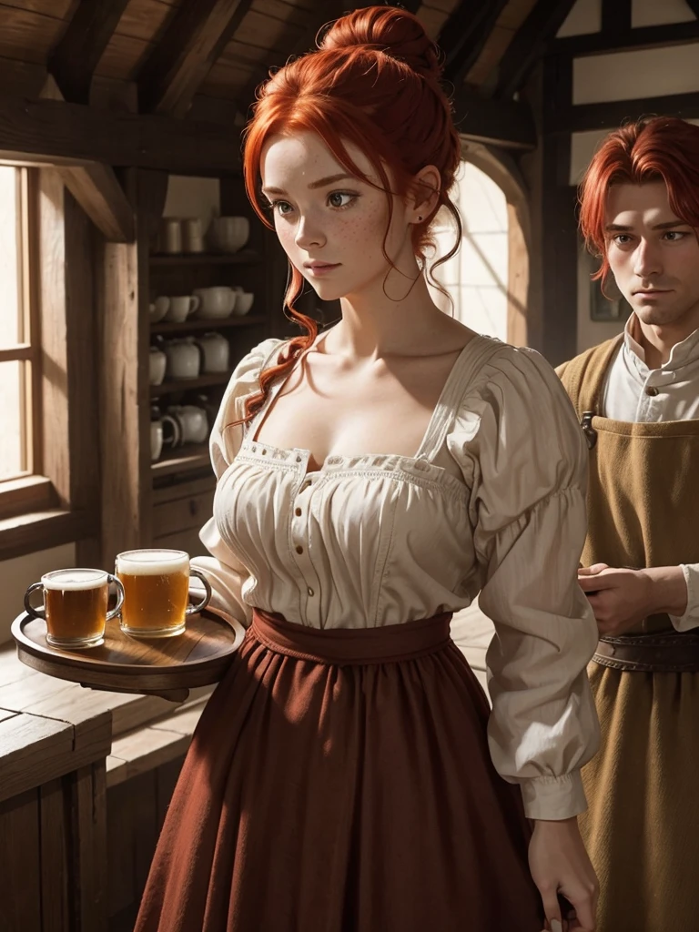A red-haired girl with her hair up in a high bun. Their clothing shows a humble medieval dress.. He carries a tray with mugs of beer in his hand and is in the room of an inn built of wood.. Her breasts look small under the dress and her face has numerous freckles..