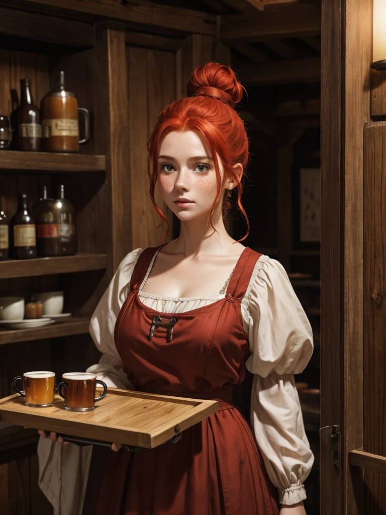 A red-haired girl with her hair up in a high bun. Their clothing shows a humble medieval dress.. He carries a tray with mugs of beer in his hand and is in the room of an inn built of wood.. Her breasts look small under the dress and her face has numerous freckles..