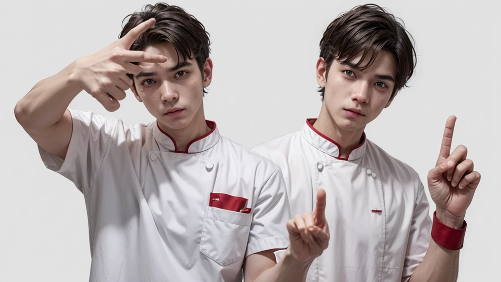 cook with nothing in his hand looking and pointing to the right side, he is dressed as a cook and his clothes are all white with red details. I want it to be on an all-white solid color background. Avoid mistakes in the cook's hands and position, he is pointing to the right.