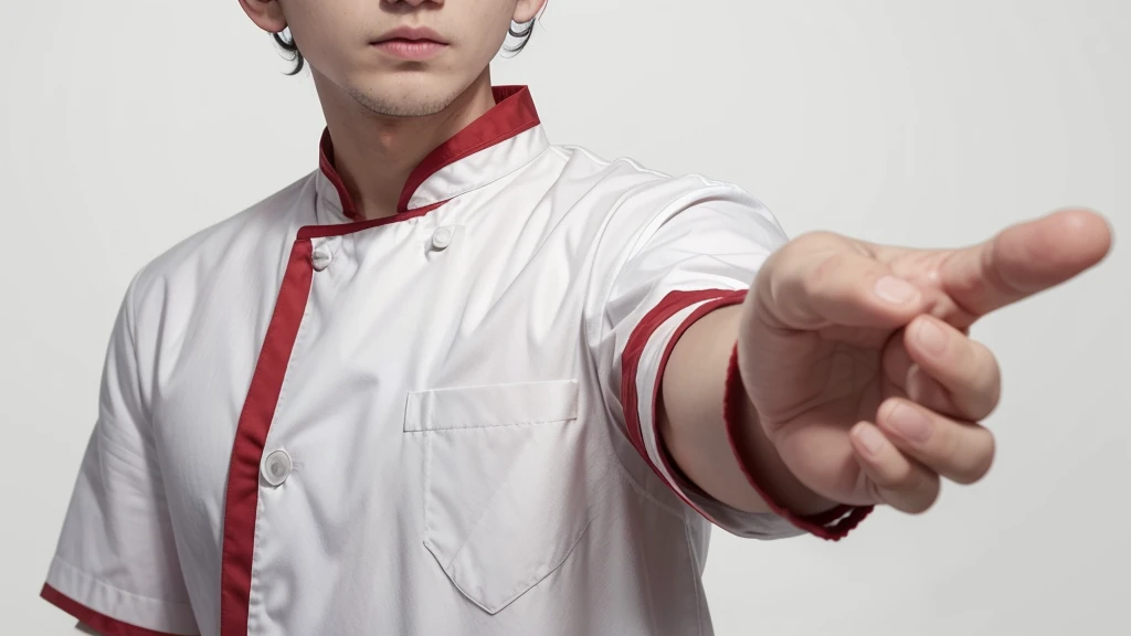 cook with nothing in his hand looking and pointing to the right side, he is dressed as a cook and his clothes are all white with red details. I want it to be on an all-white solid color background. Avoid mistakes in the cook's hands and position, he is pointing to the right.