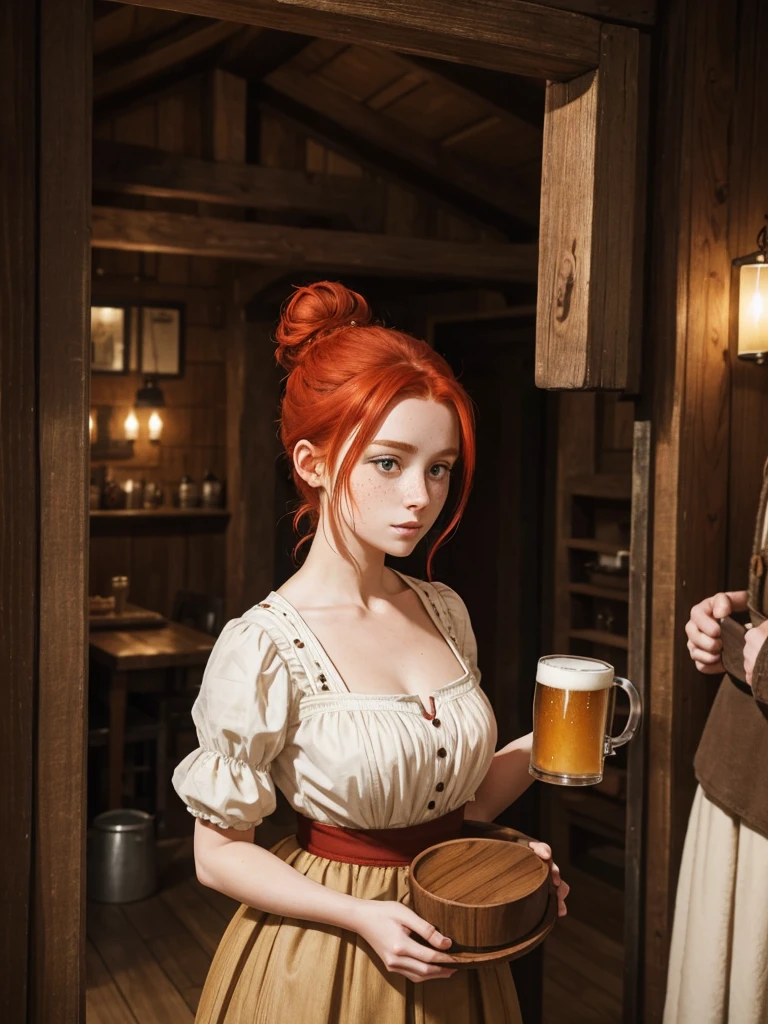 A red-haired girl with her hair up in a high bun. Their clothing shows a humble medieval dress.. He carries a tray with mugs of beer in his hand and is in the room of an inn built of wood.. Her breasts look small under the dress and her face has numerous freckles.. 