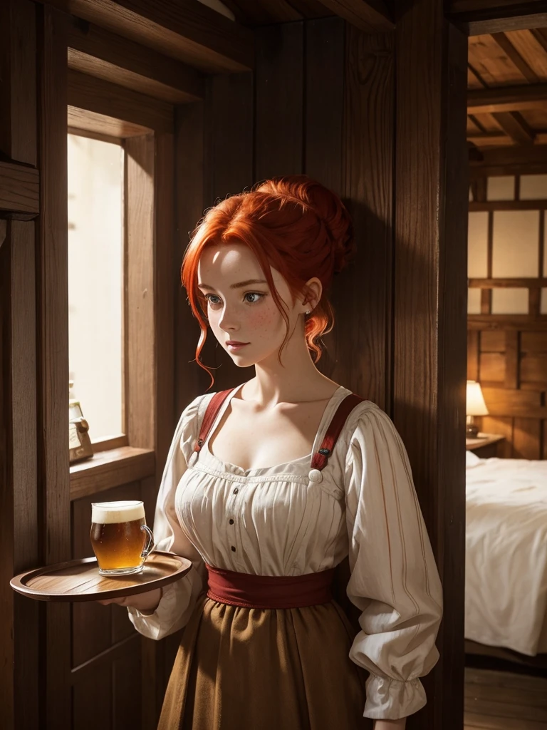 A red-haired girl with her hair up in a high bun. Their clothing shows a humble medieval dress.. He carries a tray with mugs of beer in his hand and is in the room of an inn built of wood.. Her breasts look small under the dress and her face has numerous freckles..