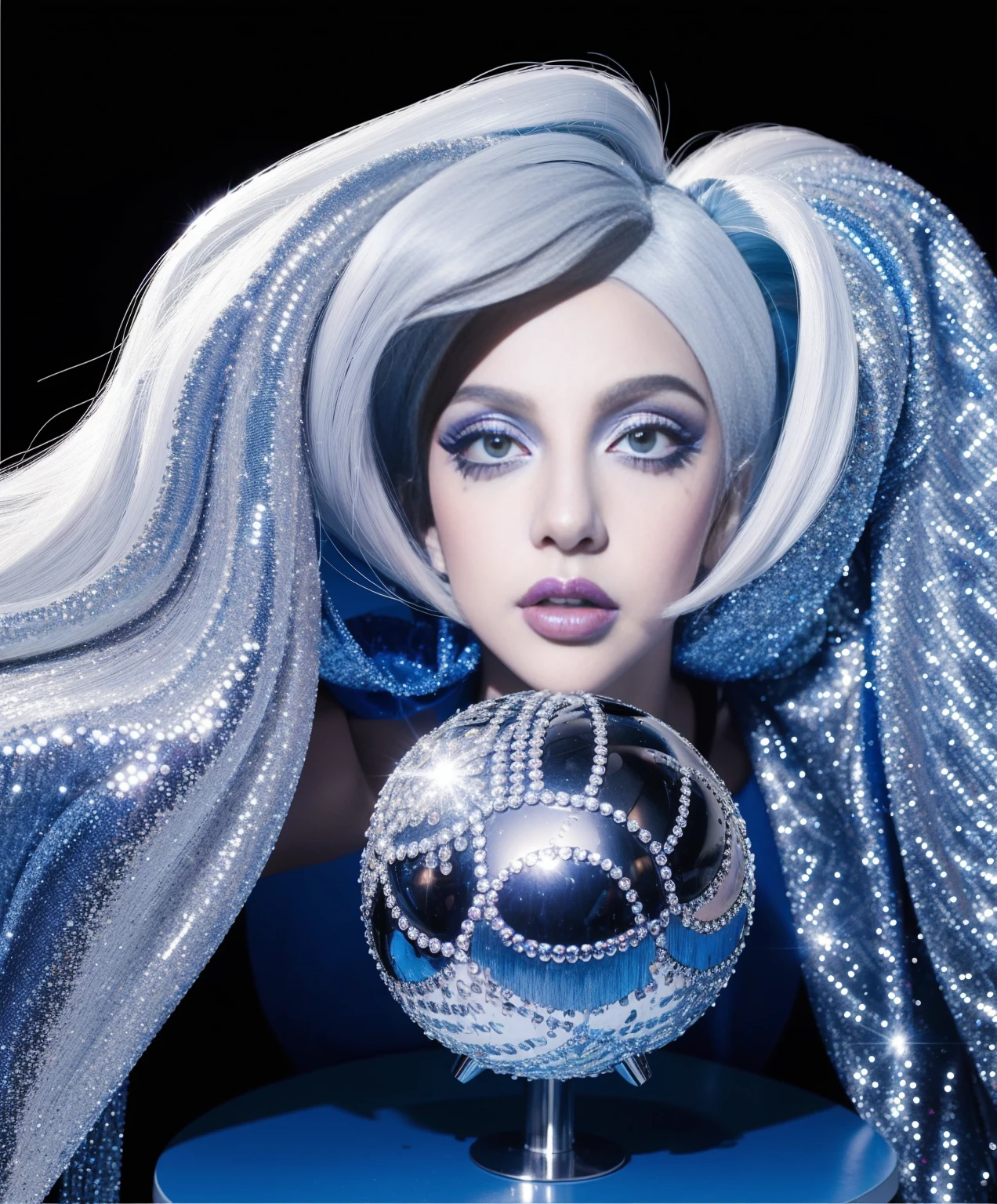 Lady Gaga fashion makeup closeup drag queen face giant fabulous dark blonde high straight wig backlight hyper detailed head portrait silver sequin outfit singing holding blue glitter ball white piano full body
