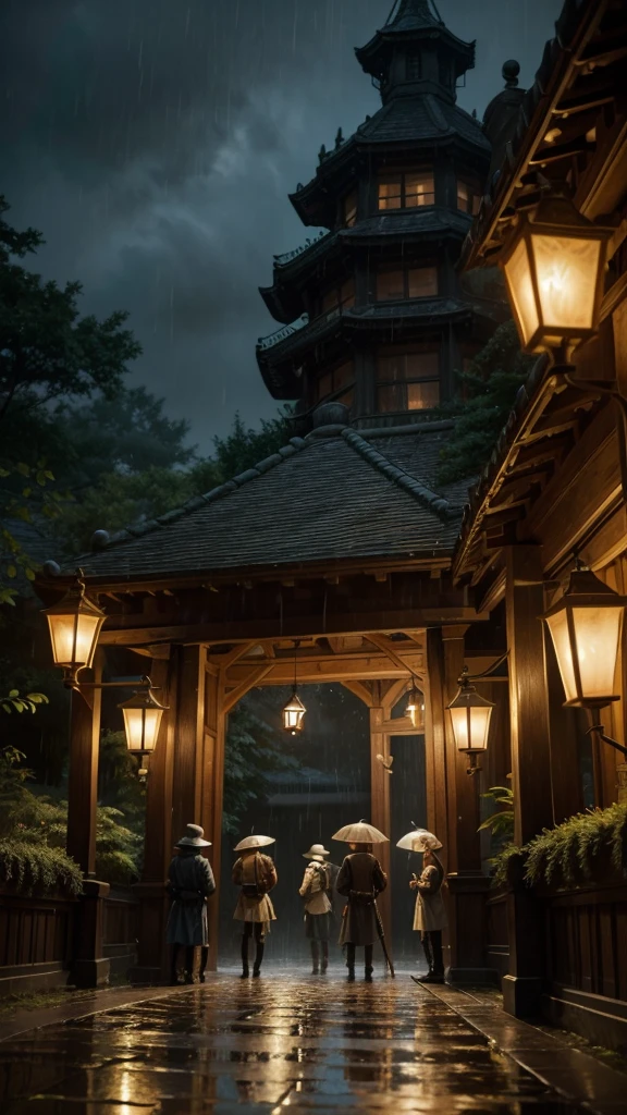 A group of young explorers, wielding flickering lanterns, stand at the majestic entrance to Darrow Manor as the rain falls heavily around them.
