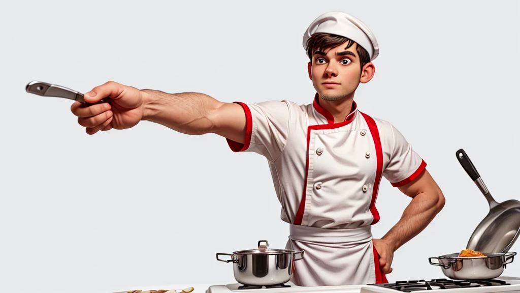 cook with nothing in his hand looking and pointing to the right side, he is dressed as a cook and his clothes are all white with red details. I want it to be on an all-white solid color background. Avoid mistakes in the cook's hands and position, he is pointing to the right.