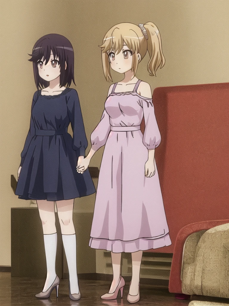 Anime style, {{standing portrait}}, full body, {{woman around 30}}, adult woman, single woman, single adult woman, young woman, standard boobs, medium boobs, normal , {{medium hair}}, shoulder length hair, {{beige blonde hair}}, large eyes, cute eyes, {{brown eyes}}, {{tare eyes}}, hostess dress, random color fashion coordination, stockings, high heels, masterpiece, high quality, high quality, Bad anatomy, reddish purple with plain background