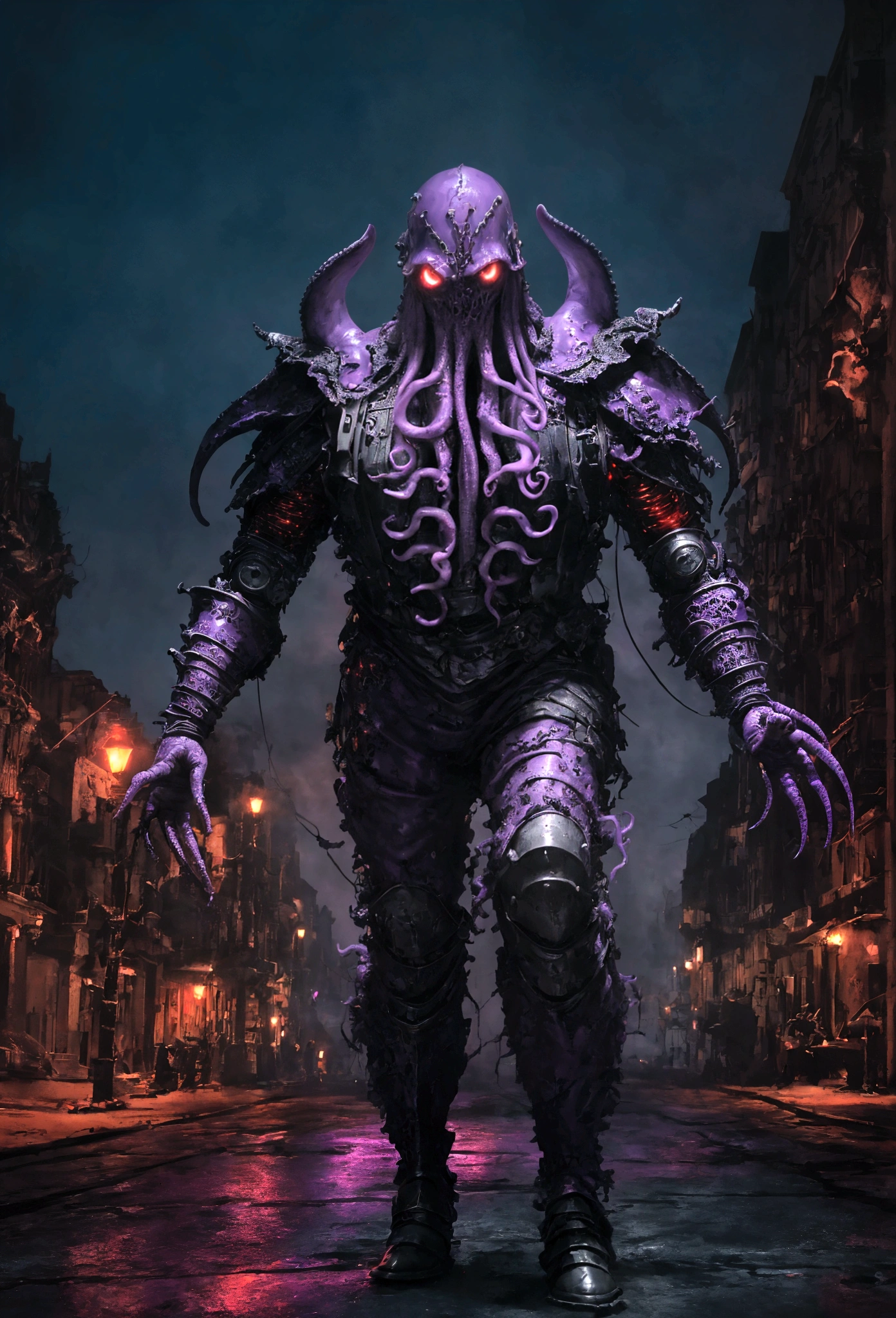  
(extremely detailed 8k wallpaper), a medium shot photo of scary  Grim dressed as a dirty purple octopus-man in an armour made of red glowing wires from marvel, theme, intricate, high detail, dramatic, old scary building in the background