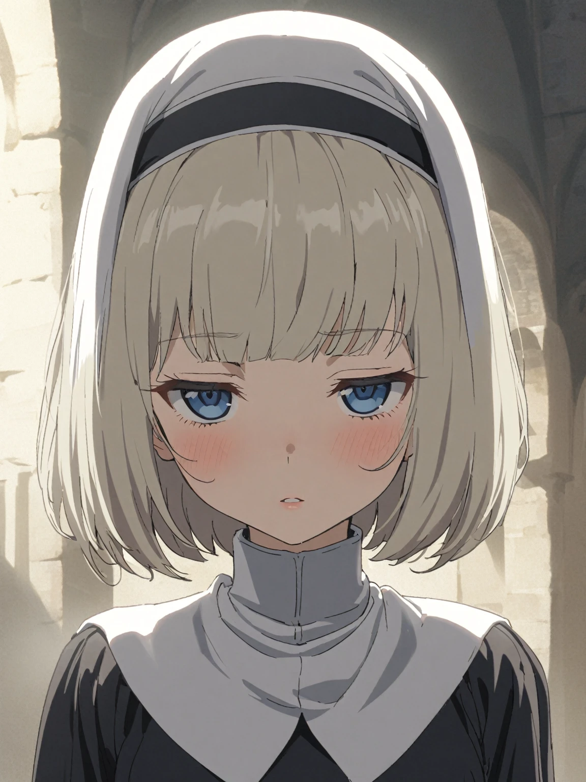 {{upper body}} {{Artist: sincos}} 1girl,solo, nun, looking at viewer, solo, blunt ends, bob cut, blue eyes, platinum blonde hair, half-closed eyes, tareme, expressionless, black headband, short hair, long sleeves, high collar, small breasts, skinny, short bangs:, white capelet, arms at sides, parted lips, traditional nun, lips, adult woman, pov, medieval fantasy.