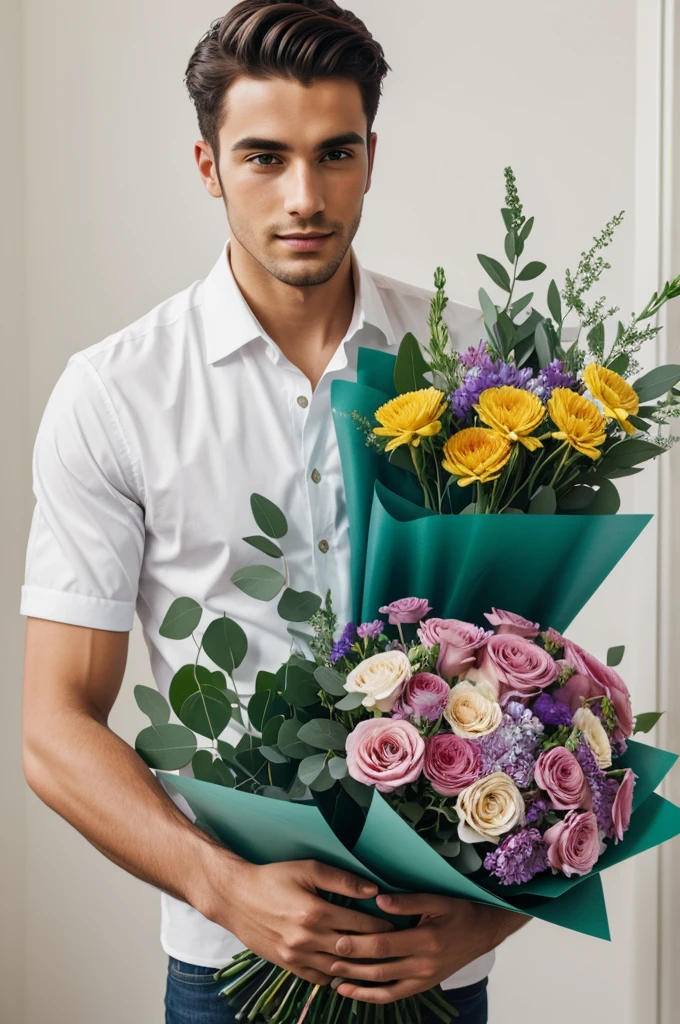 my boyfriend with a bouquet of flowers
