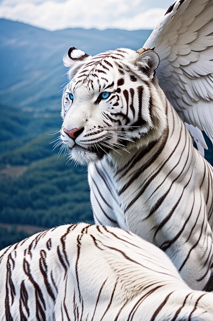 A huge white tiger with angel wings, red fur, and blue eyes 
