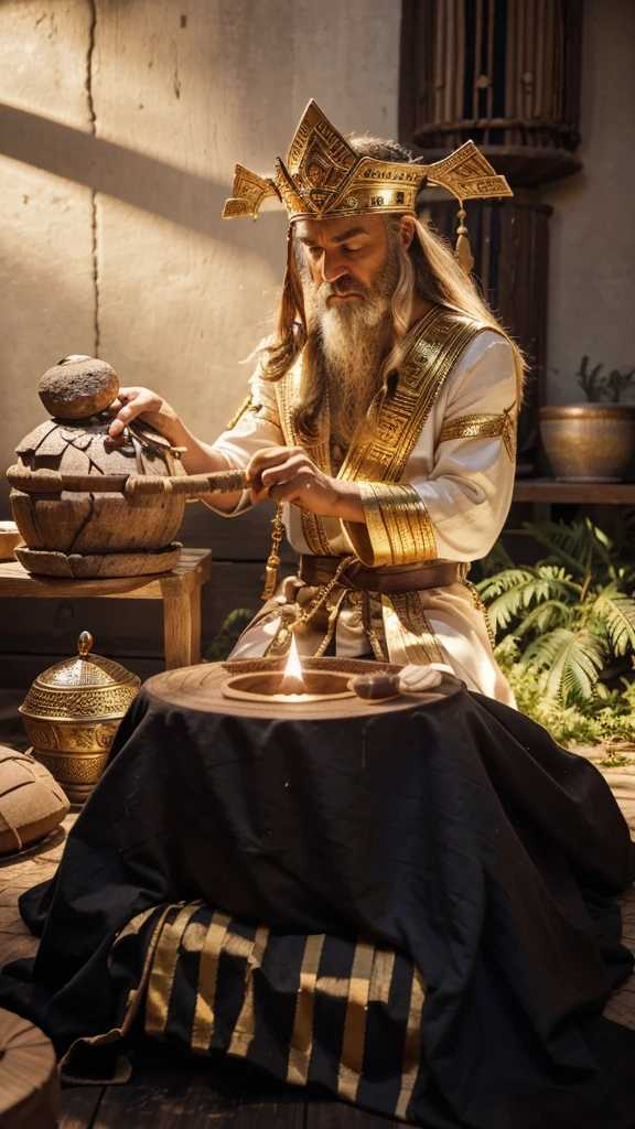 A Sumerian god, dressed in elaborate robes and a crown, glows as he hands a wooden wheel to a Sumerian man, who is kneeling. The man wears simple clothes and looks with admiration at the god. ao redor, a clay workshop with ancient tools and ceramic pots. The background is a clay wall, iluminada por uma luz suave.