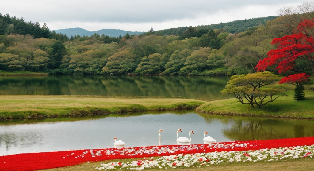 ((Best Quality)), forest/ cottagecore park next to a lake with swans and many flowers in ( horizontal image) that you can see more grass and the lake from afar THAT there are swans that there is more grass ahead, and BEHIND is the lake and swans, a little more grass ahead, very good, now I want swans on the lake, INCREDIBLE very good, now I want pretty flowers Japanese flowers ok, now the swans on the lake The lake is red make it normal and swans with Japanese flowers put a cloudy weather that looks like a park I want this background to place my models in front and the lake with swans in the back, with Japanese flowers
