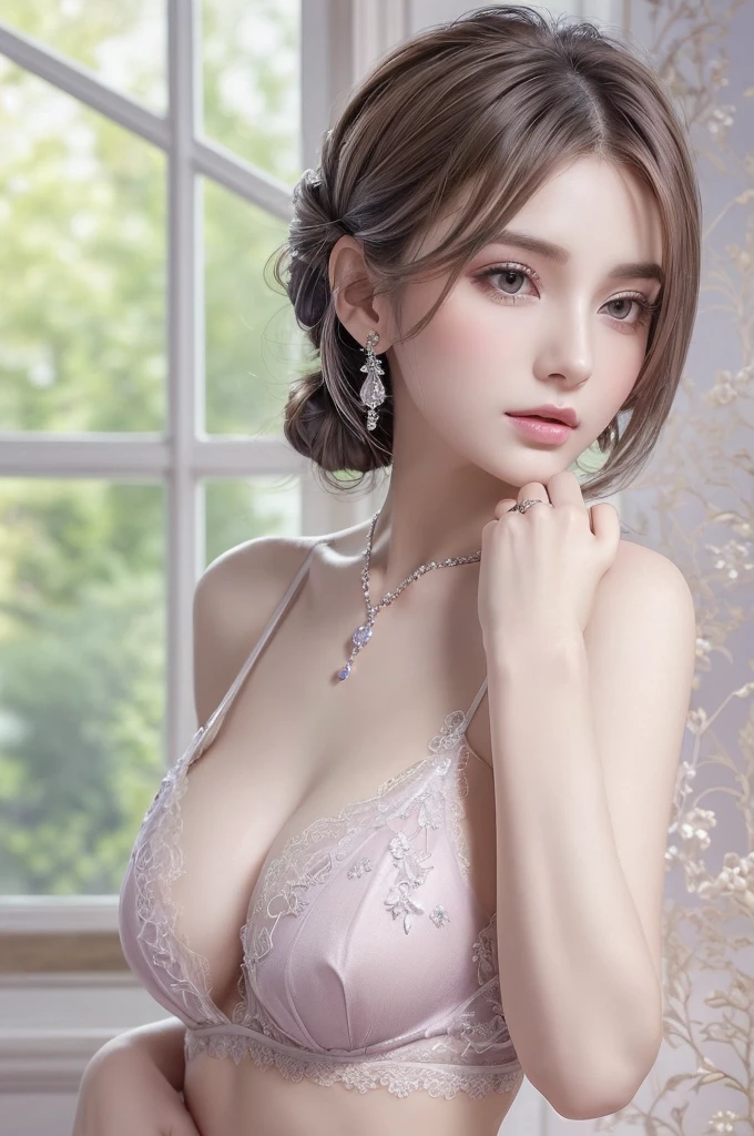 purple lace thong&Good, (((Very elegant and beautiful, Perfect detail, Super detailed))), whole body, The most detailed girl, Depth of written boundary, 美しく詳細なwhole body, Thin legs, 1 girl, 30 years old, Very short hair, Spiked Hair, Gray and silver hair, Beautiful detailed hair, Perfect Face, Expressionless, Beautifully detailed deep eyes, Open your mouth a little, Delicate arms and hands, Pale skin, Earrings, Beautiful and gorgeous necklace, Colorful background, HD background, Blurred Background, Very delicate and beautiful, Masterpiece, (((Highest quality, Very beautiful 8K CG wallpaper))), (((Trendy hairstyles))), (Inside the room,Stylish interior,window),
